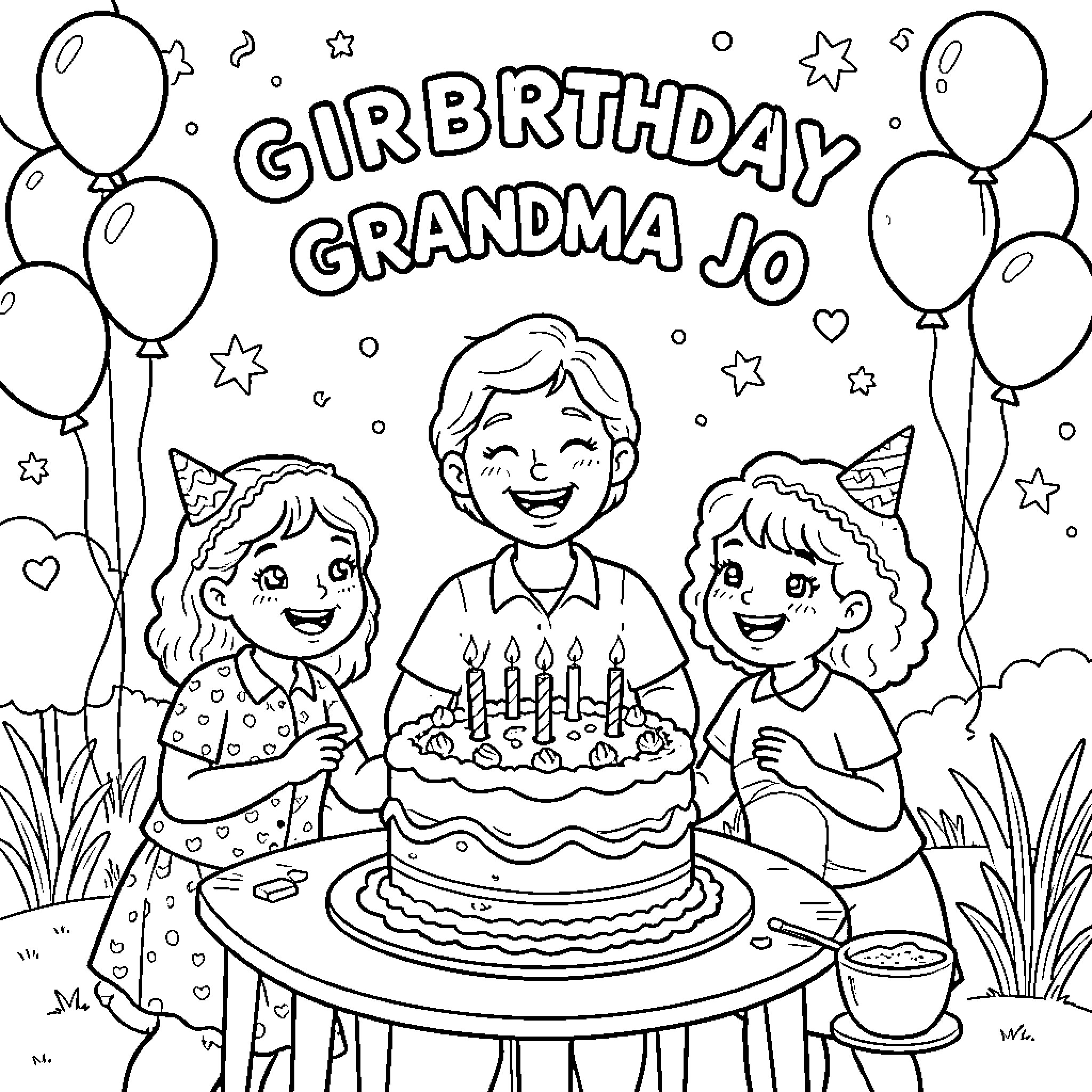 Grandma celebrating birthday with her grandchildren Coloring Page (free black-and-white line drawing printable PDF for all, from beginners to advanced learners, including children, teens, adults, and seniors)