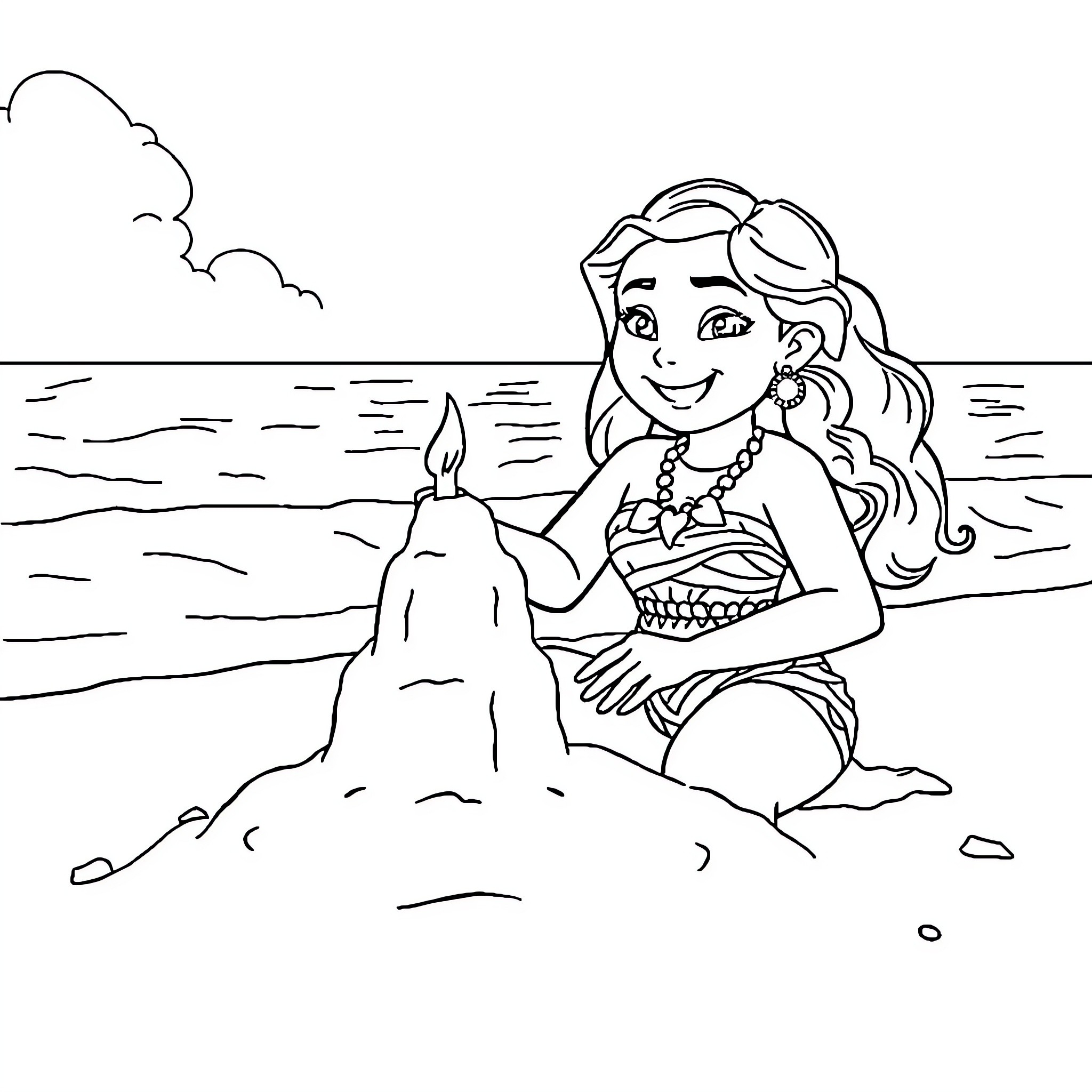 Moana enjoying a peaceful moment on the beach Coloring Page (free black-and-white line drawing printable PDF for all, from beginners to advanced learners, including children, teens, adults, and seniors)