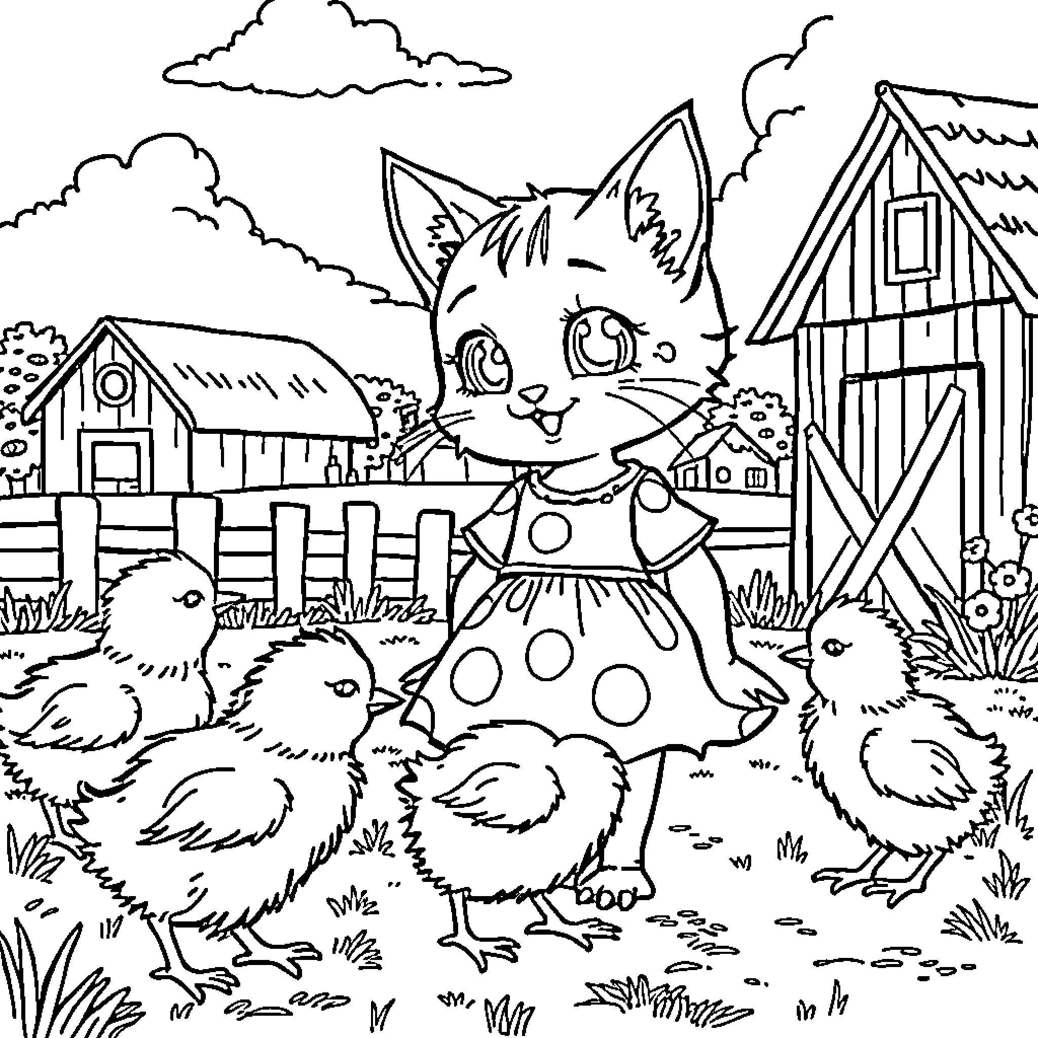 Cat in polka dot dress on farm with chicks Coloring Page (free black-and-white line drawing printable PDF for all, from beginners to advanced learners, including children, teens, adults, and seniors)