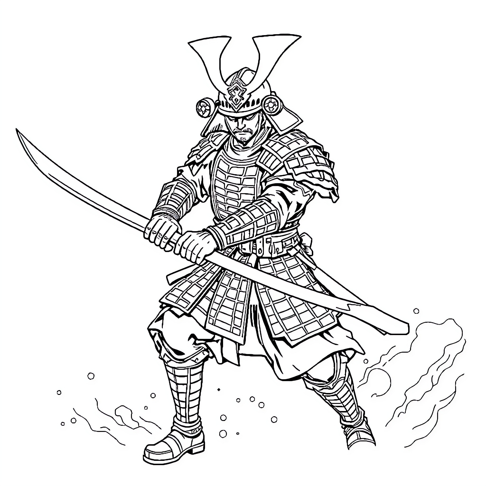 Samurai warrior wielding katana in battle stance Coloring Page (free black-and-white line drawing printable PDF for all, from beginners to advanced learners, including children, teens, adults, and seniors)