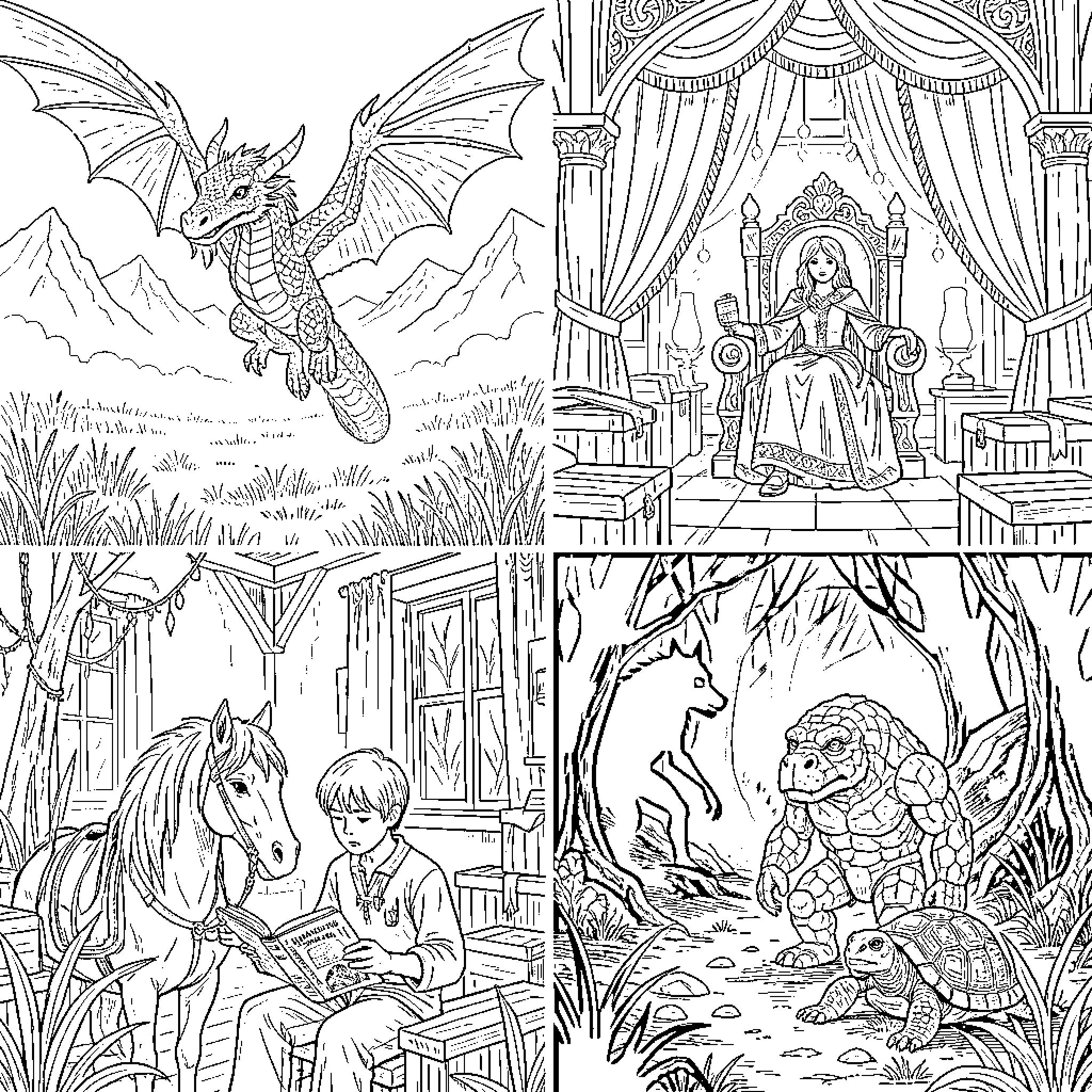 Atreyu's Mythical Adventure in the Fantastical World Coloring Page (free black-and-white line drawing printable PDF for all, from beginners to advanced learners, including children, teens, adults, and seniors)