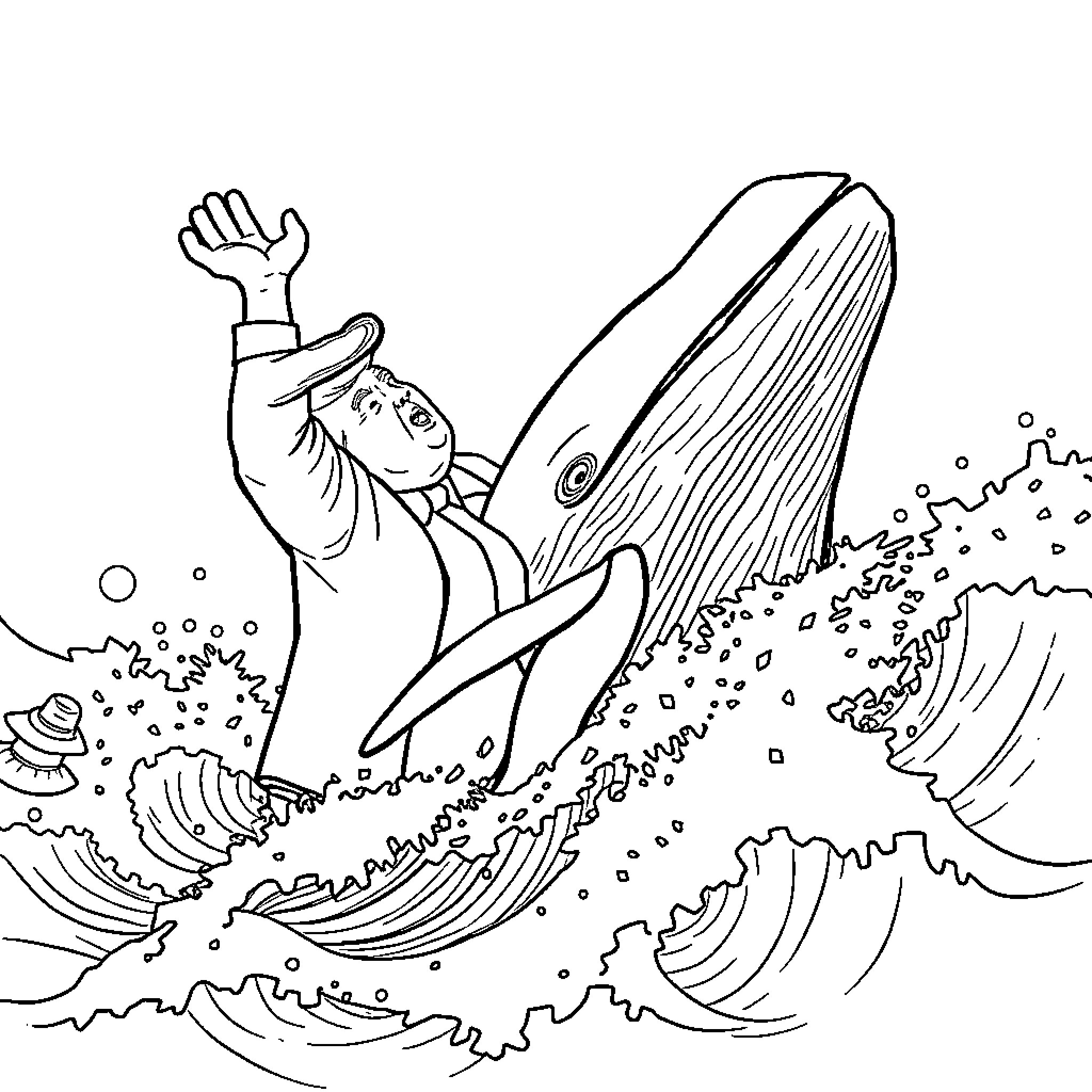 Donald Trump Attacked by Angry Whale in the Ocean Coloring Page (free black-and-white line drawing printable PDF for all, from beginners to advanced learners, including children, teens, adults, and seniors)