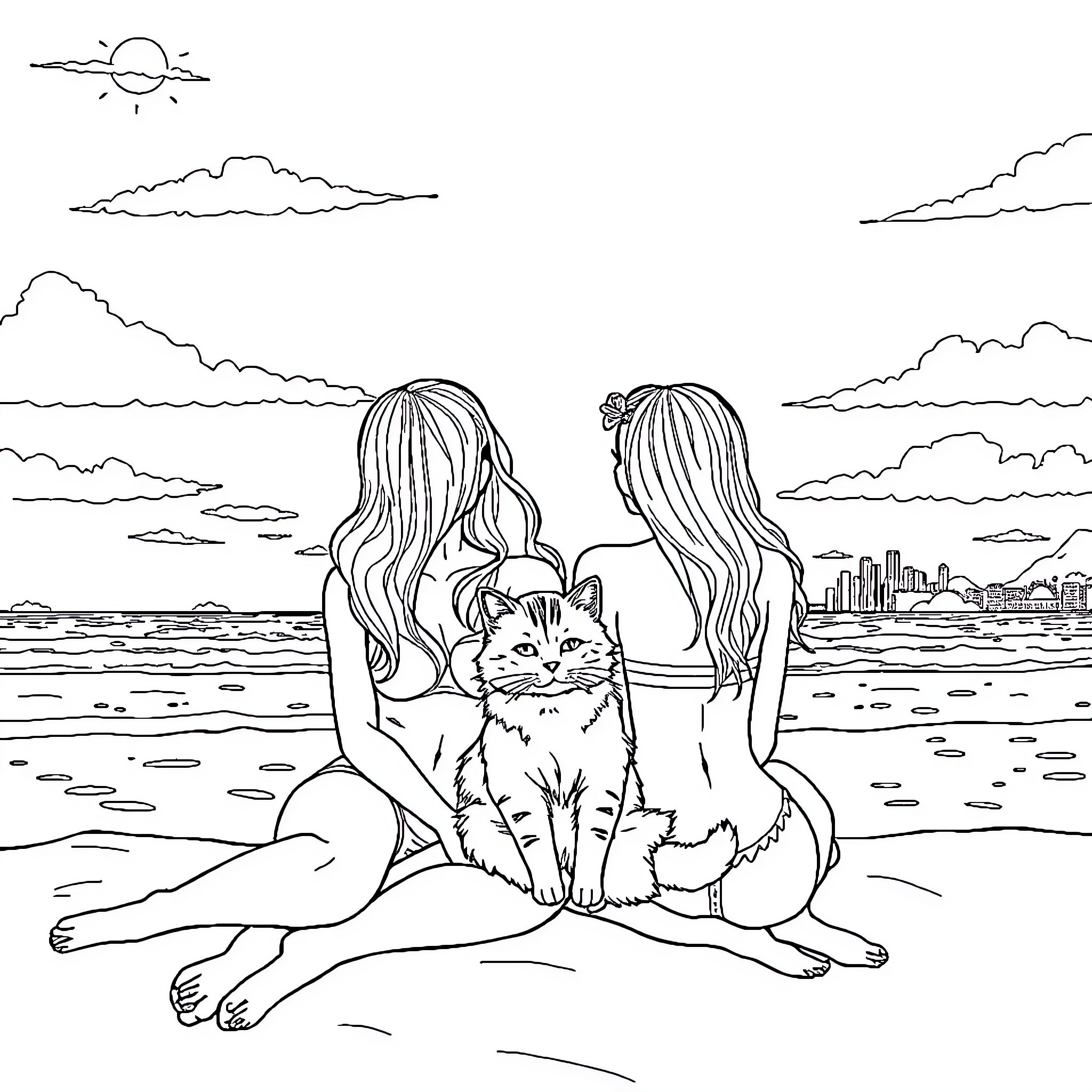 Girl relaxing with cat on the beach Coloring Page (free black-and-white line drawing printable PDF for all, from beginners to advanced learners, including children, teens, adults, and seniors)
