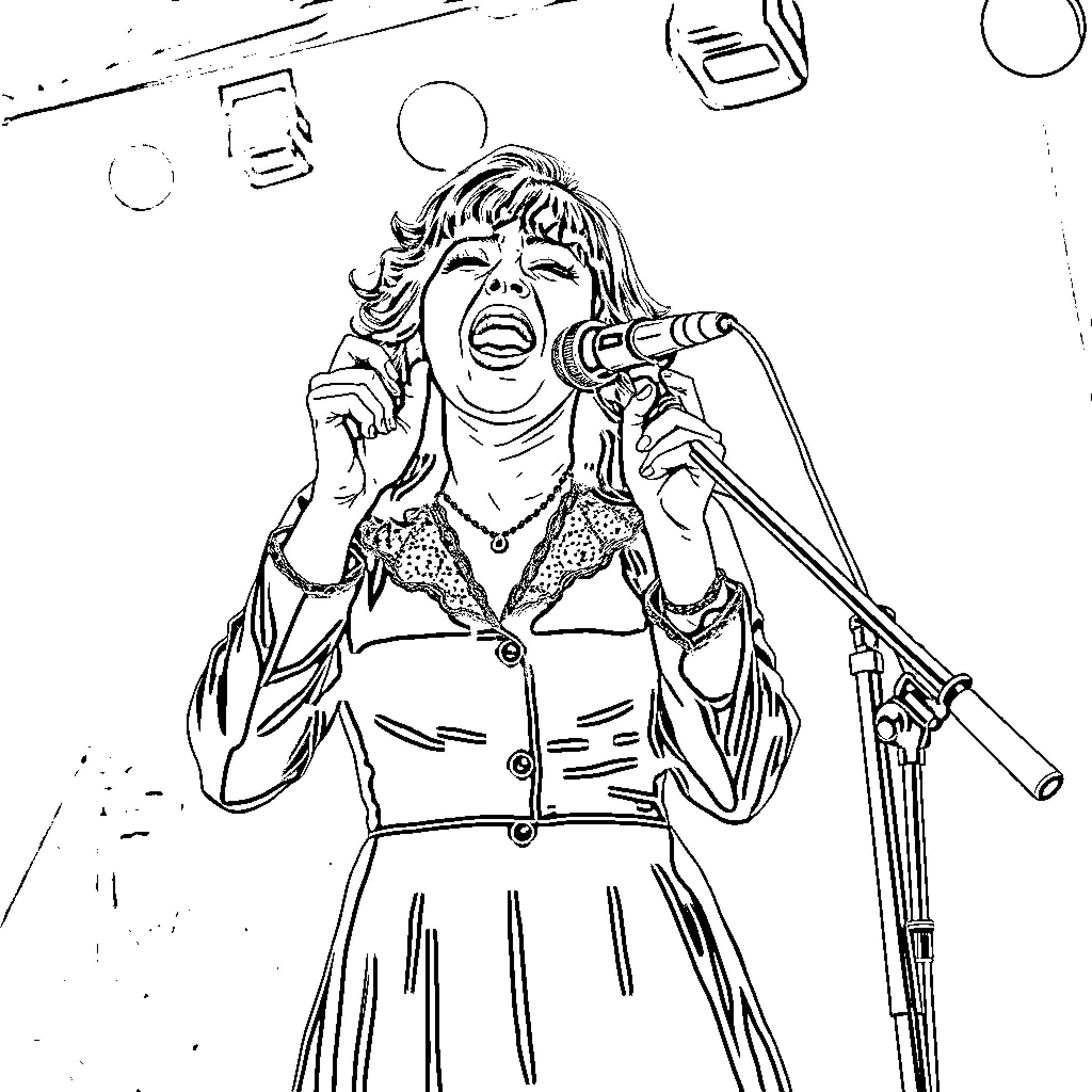 Mon Laferte performing on stage with passion Coloring Page (free black-and-white line drawing printable PDF for all, from beginners to advanced learners, including children, teens, adults, and seniors)