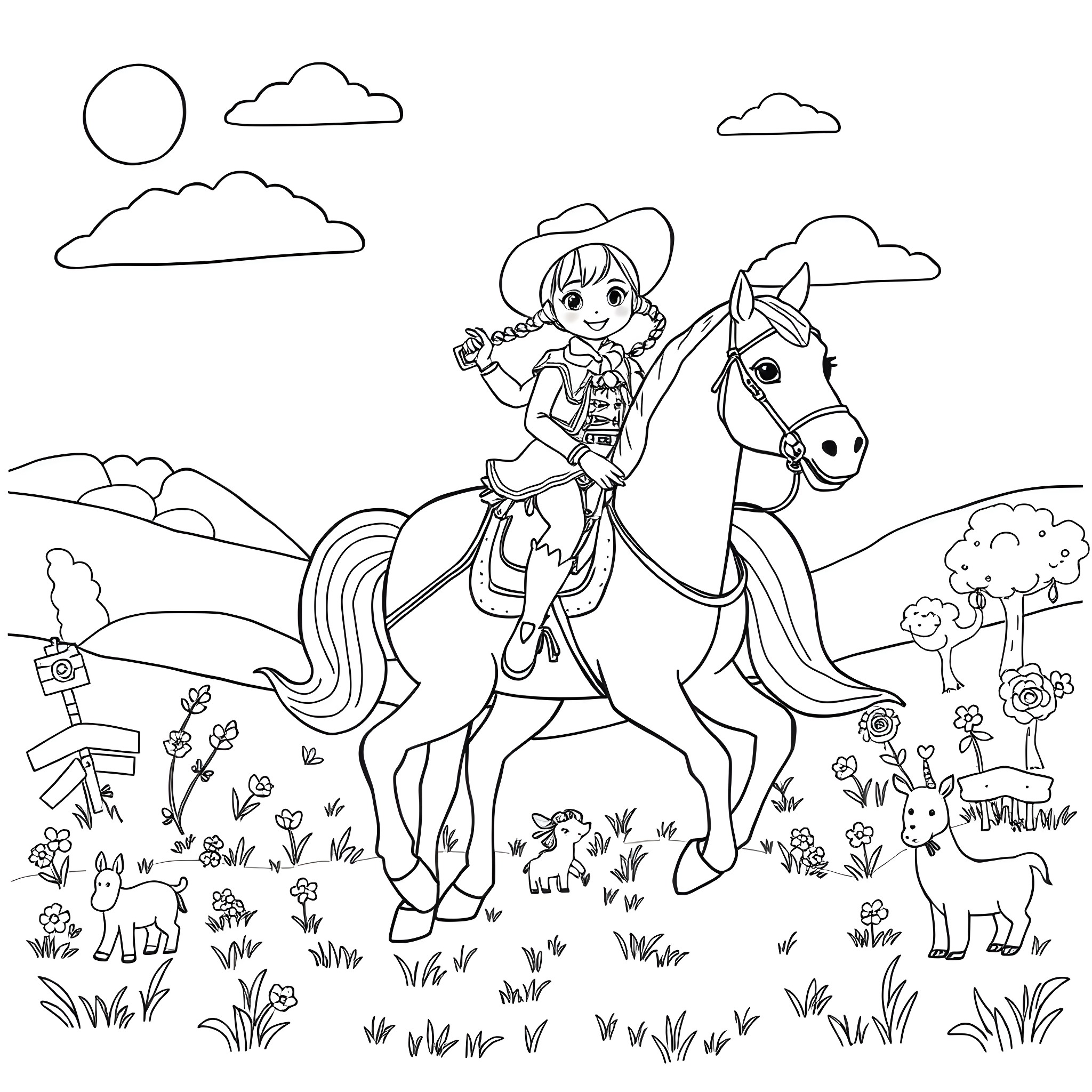 Gabby's Dollhouse - Girl riding a horse through a colorful landscape Coloring Page (free black-and-white line drawing printable PDF for all, from beginners to advanced learners, including children, teens, adults, and seniors)