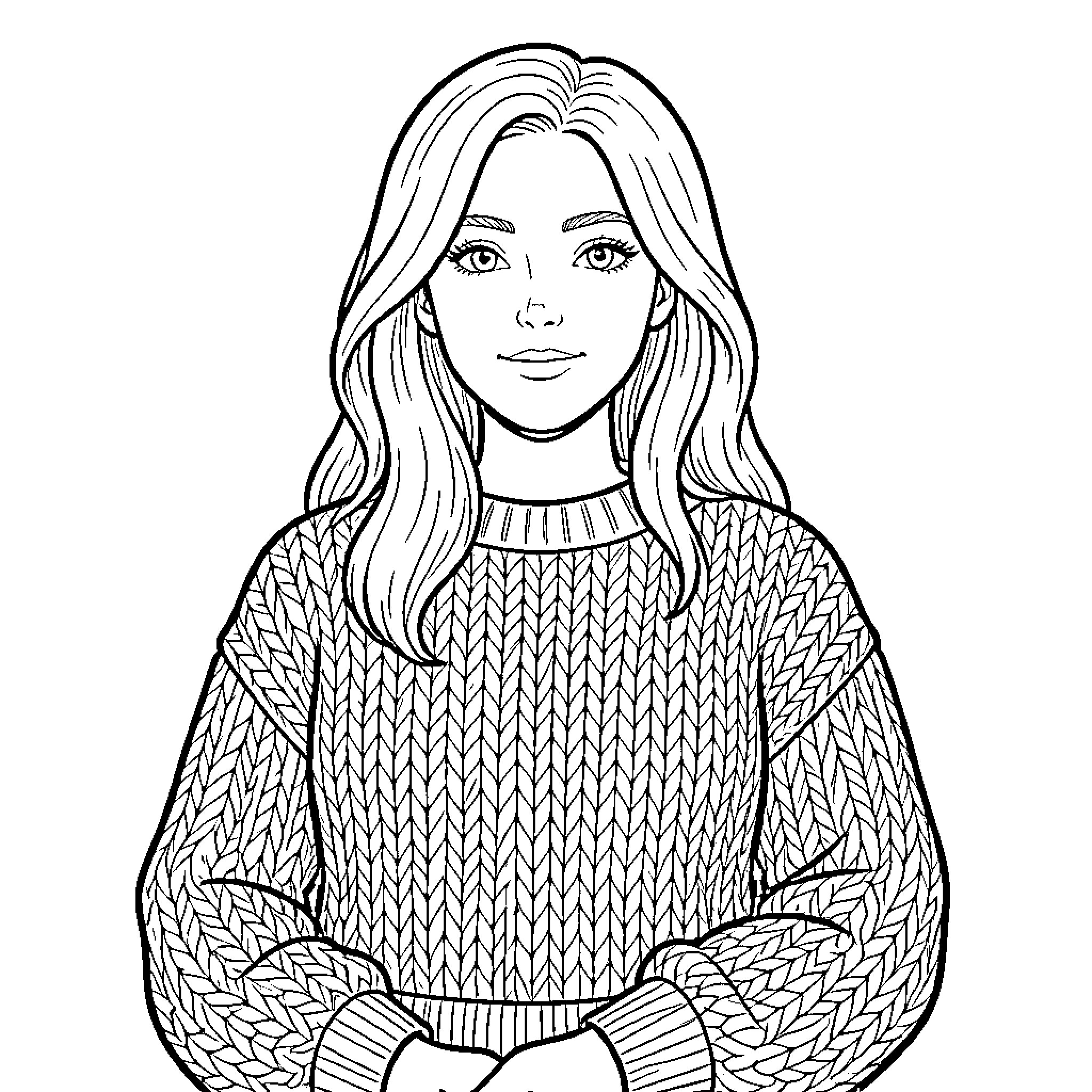 Cely enjoying a cozy knitted sweater Coloring Page (free black-and-white line drawing printable PDF for all, from beginners to advanced learners, including children, teens, adults, and seniors)