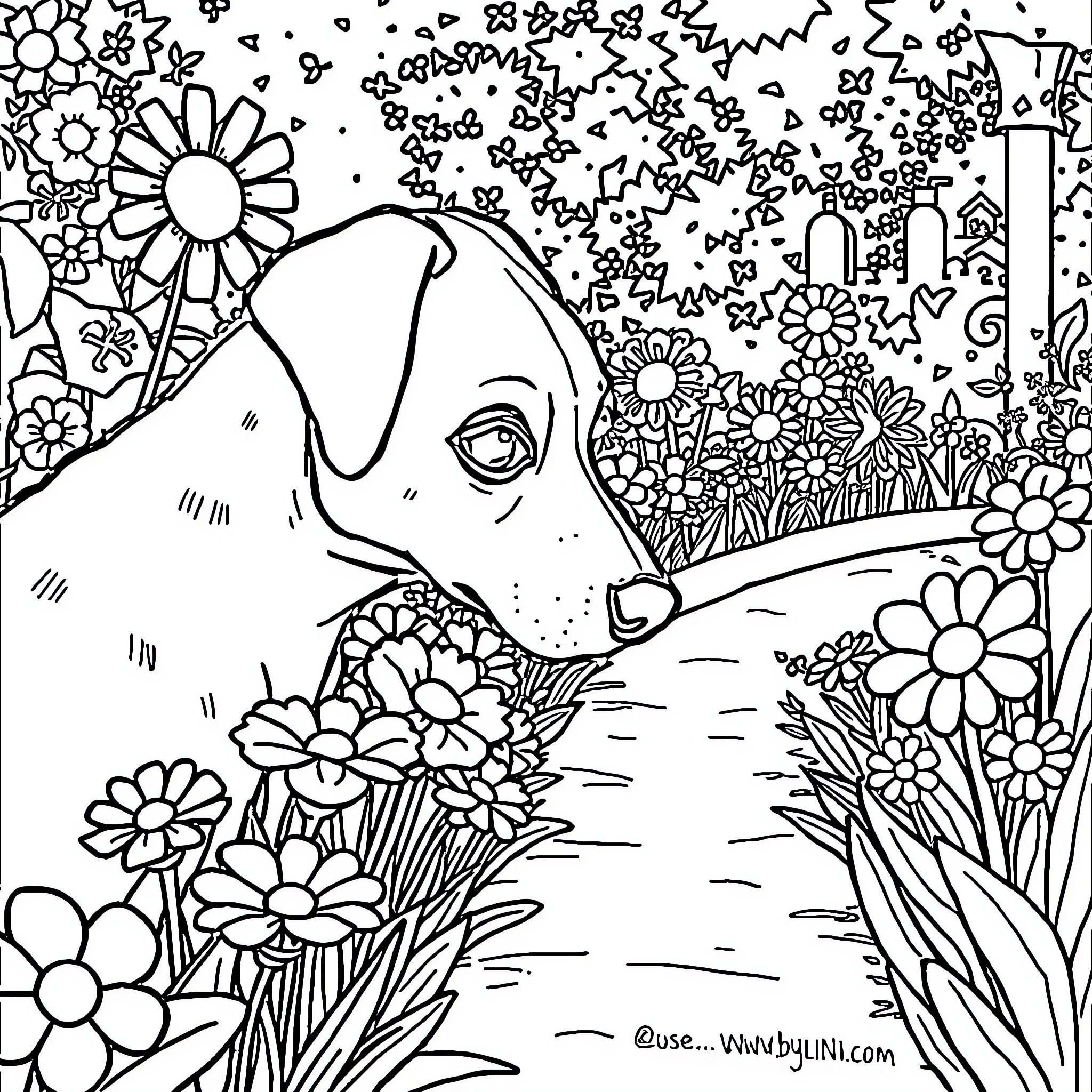 Dog peeking through a floral landscape Coloring Page (free black-and-white line drawing printable PDF for all, from beginners to advanced learners, including children, teens, adults, and seniors)