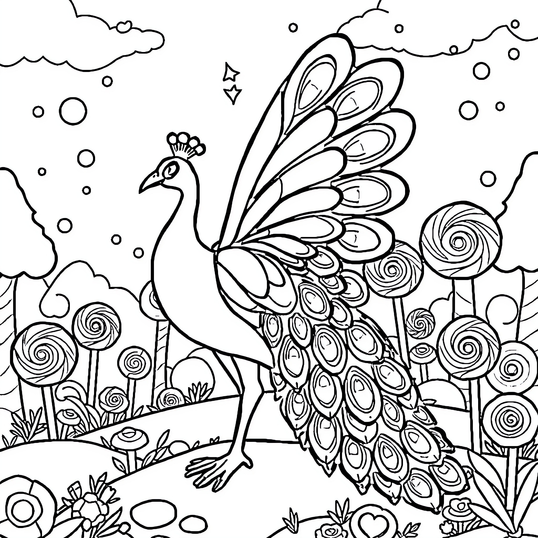 Tooth Fairy's Whimsical Encounter with a Majestic Peacock Coloring Page (free black-and-white line drawing printable PDF for all, from beginners to advanced learners, including children, teens, adults, and seniors)