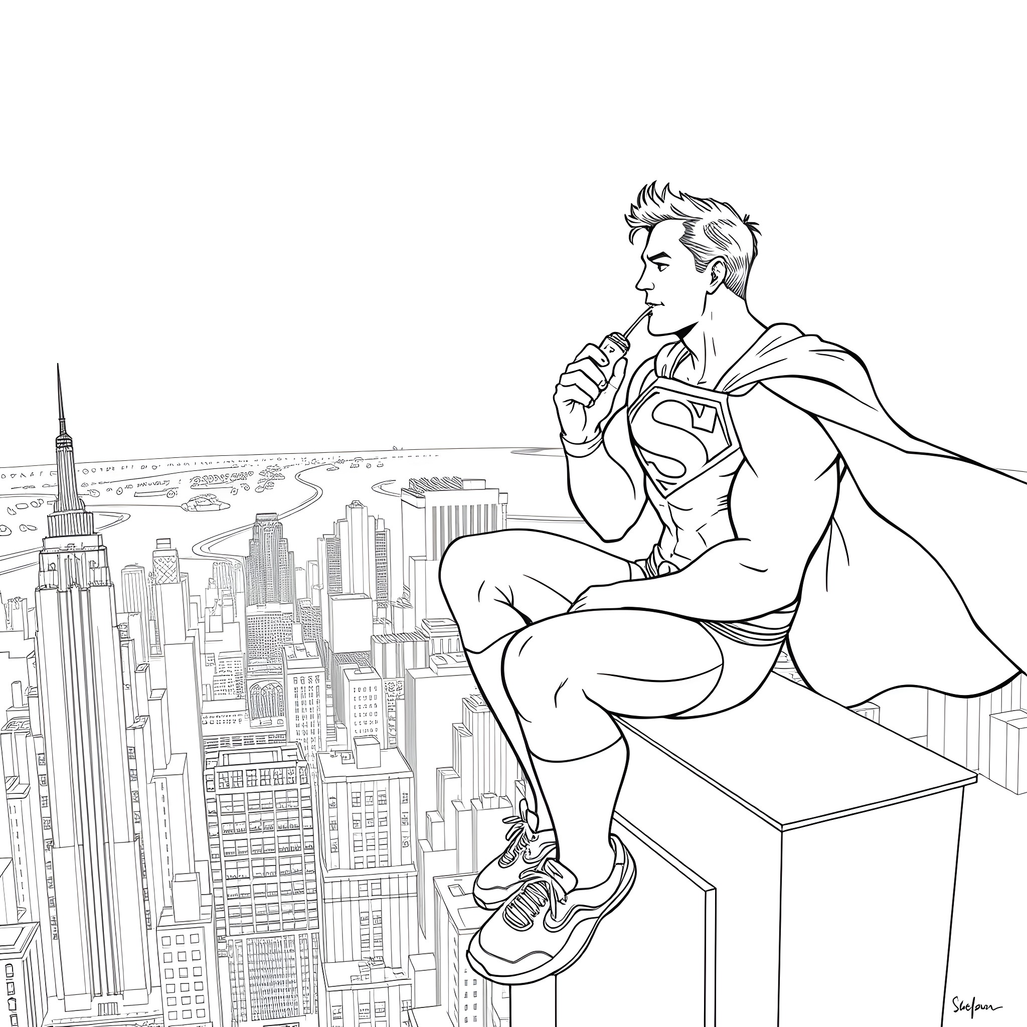 Superman surveying the city with determination Coloring Page (free black-and-white line drawing printable PDF for all, from beginners to advanced learners, including children, teens, adults, and seniors)