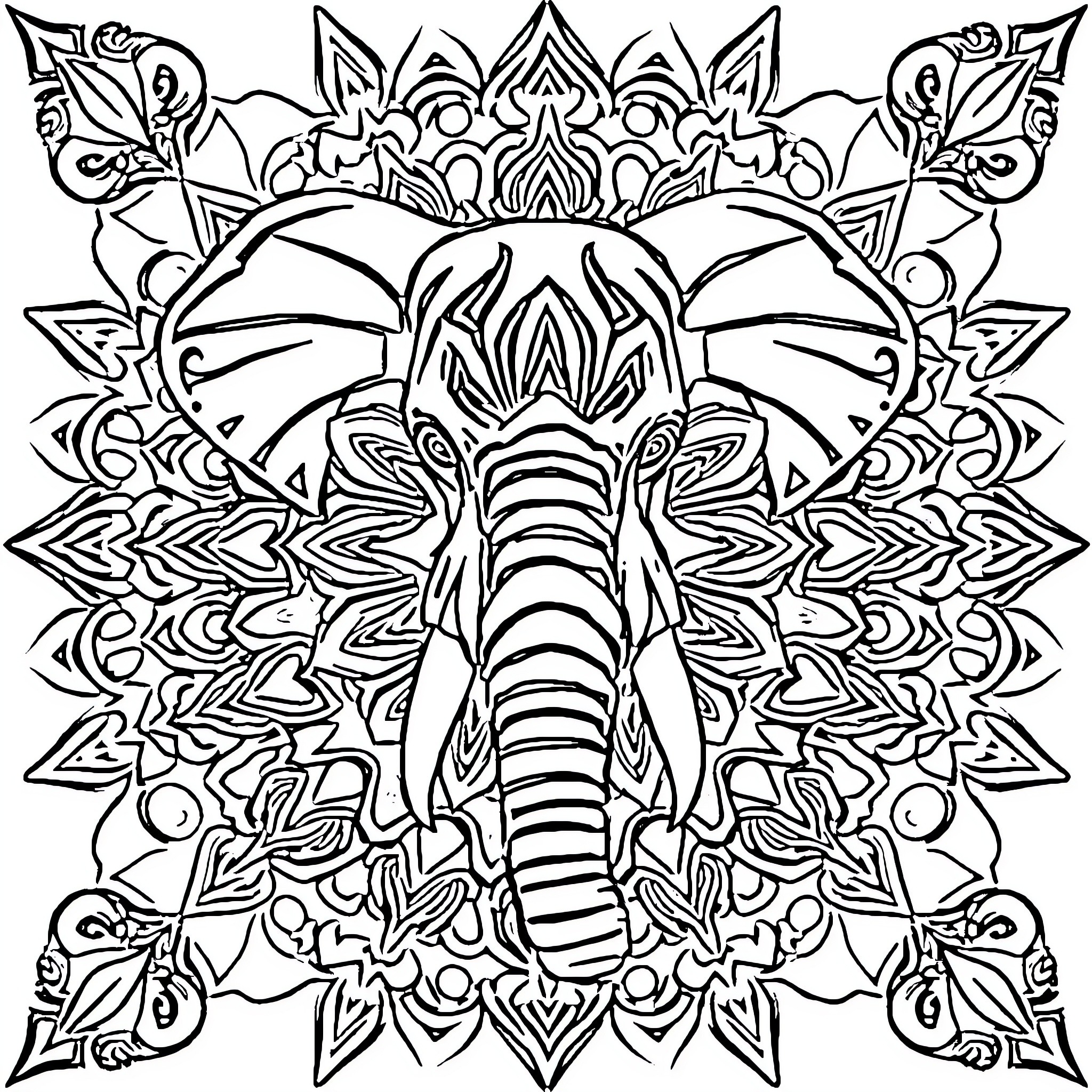 Elephant in ornate floral design Coloring Page (free black-and-white line drawing printable PDF for all, from beginners to advanced learners, including children, teens, adults, and seniors)