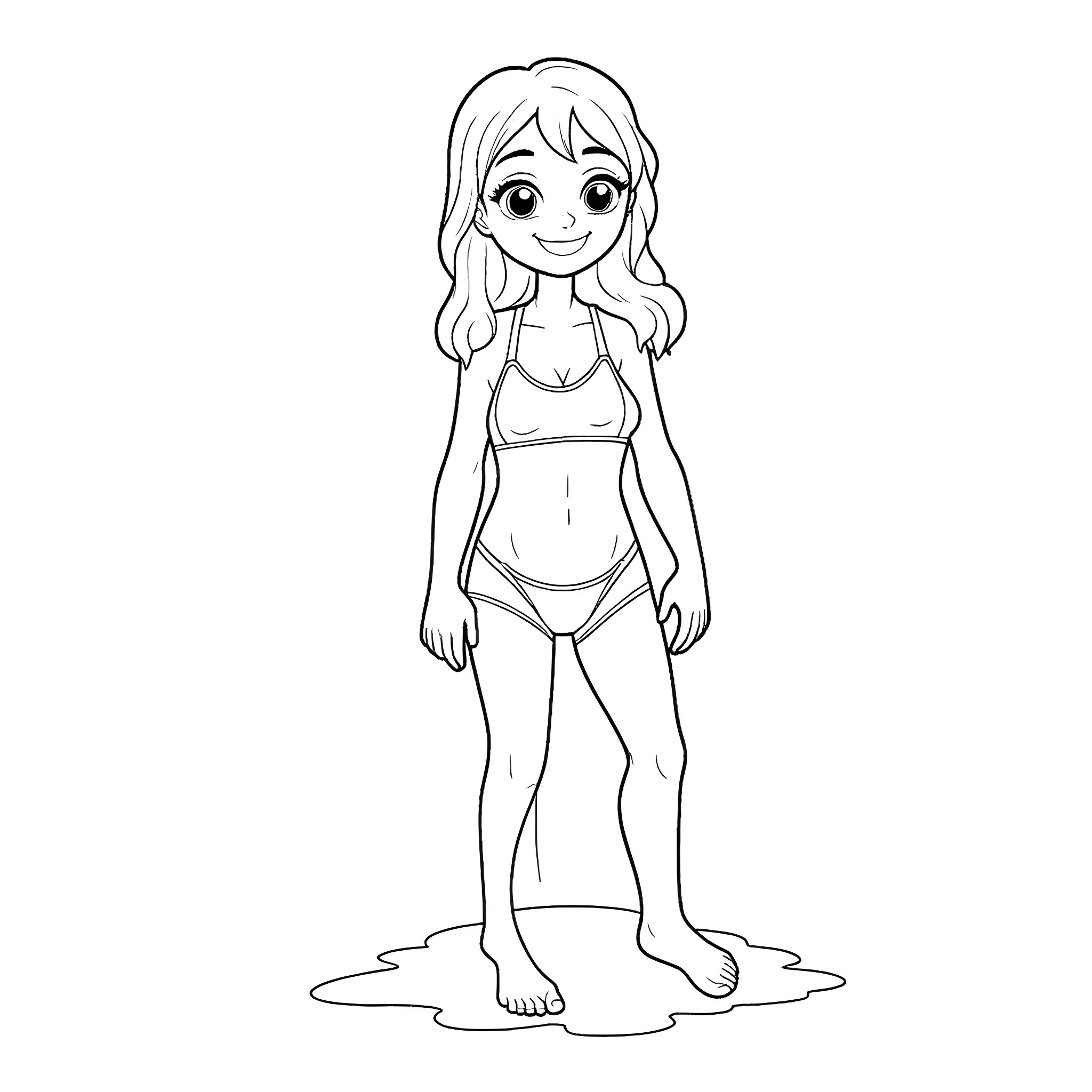 Woman in a casual swimsuit posing confidently Coloring Page (free black-and-white line drawing printable PDF for all, from beginners to advanced learners, including children, teens, adults, and seniors)