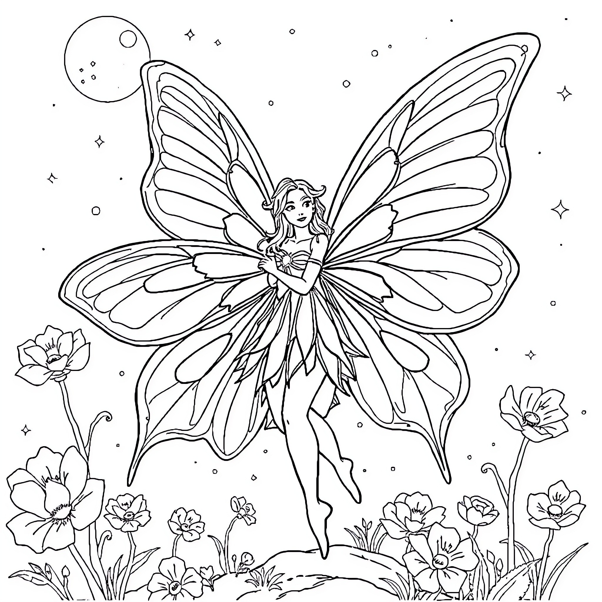 Fairy gracefully flying among flowers Coloring Page (free black-and-white line drawing printable PDF for all, from beginners to advanced learners, including children, teens, adults, and seniors)