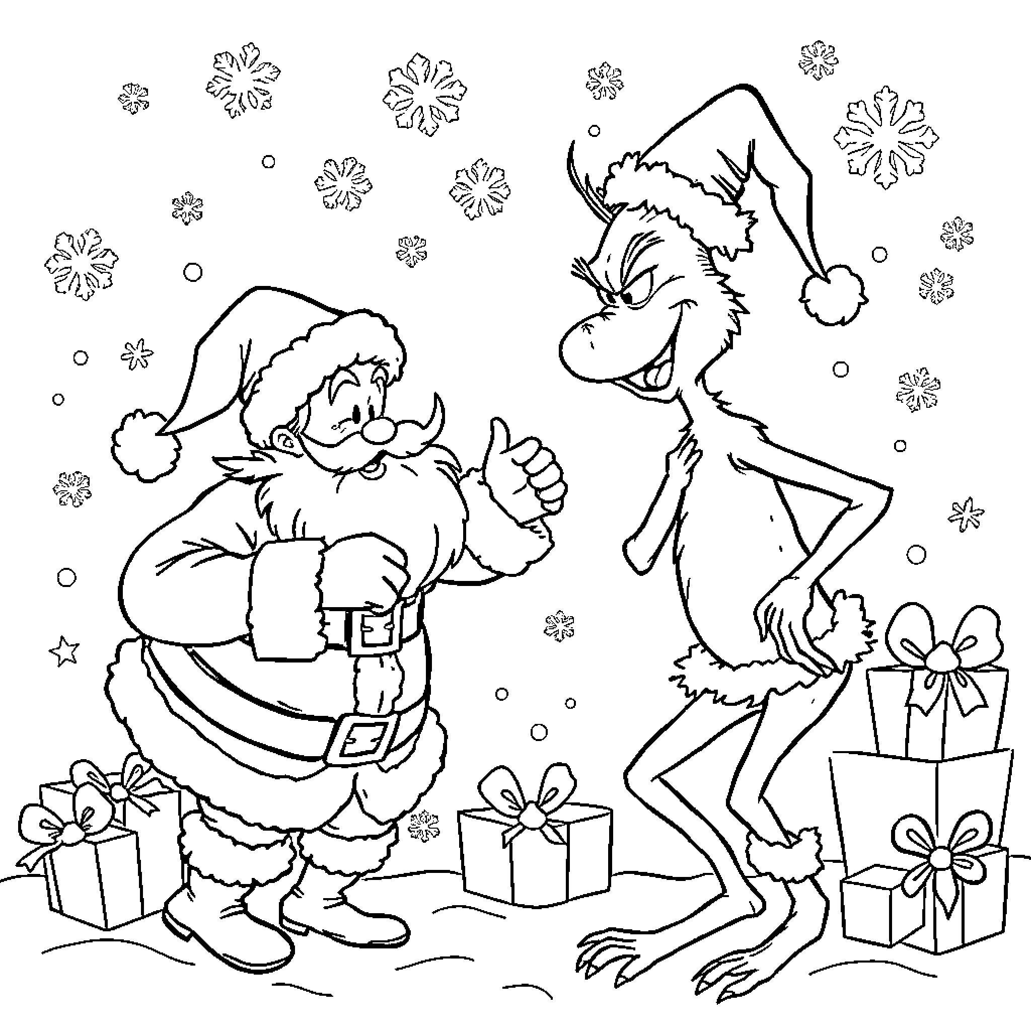 Santa and the Mischievous Creature in the Snow Coloring Page (free black-and-white line drawing printable PDF for all, from beginners to advanced learners, including children, teens, adults, and seniors)