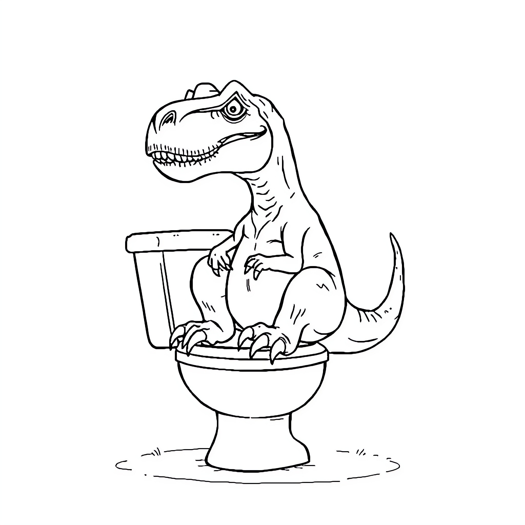 Dinosaur sitting on a toilet Coloring Page (free black-and-white line drawing printable PDF for all, from beginners to advanced learners, including children, teens, adults, and seniors)
