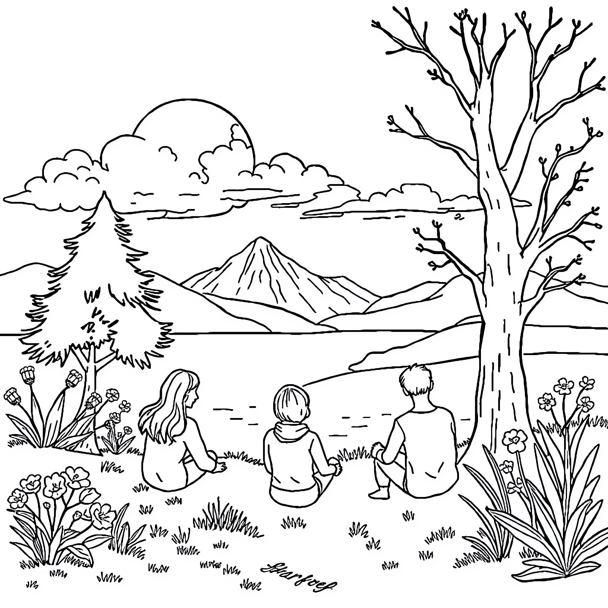 Stress relief in nature's embrace Coloring Page (free black-and-white line drawing printable PDF for all, from beginners to advanced learners, including children, teens, adults, and seniors)