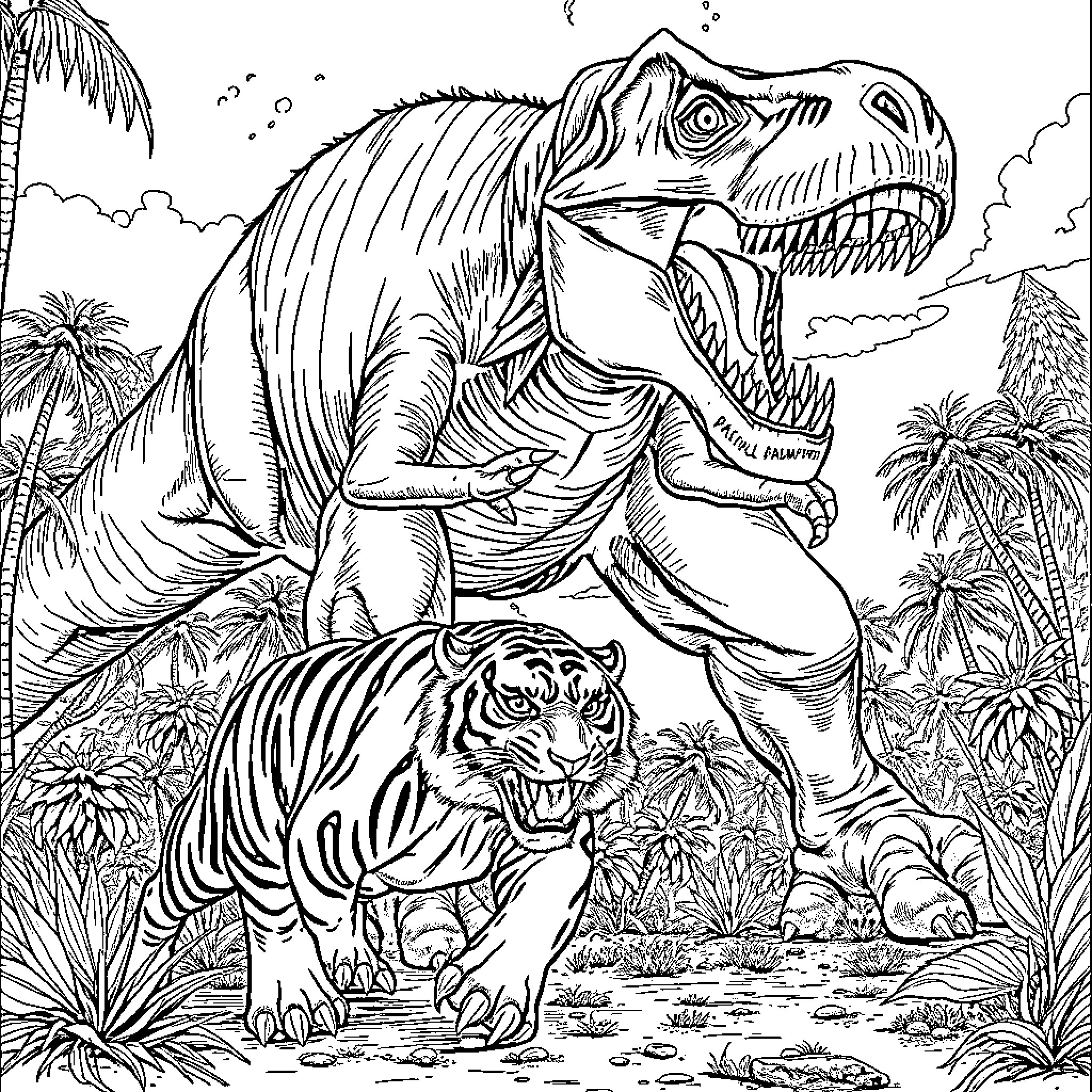 Sabertooth Tiger confronting a dangerous Tyrannosaurus Rex in the wild Coloring Page (free black-and-white line drawing printable PDF for all, from beginners to advanced learners, including children, teens, adults, and seniors)