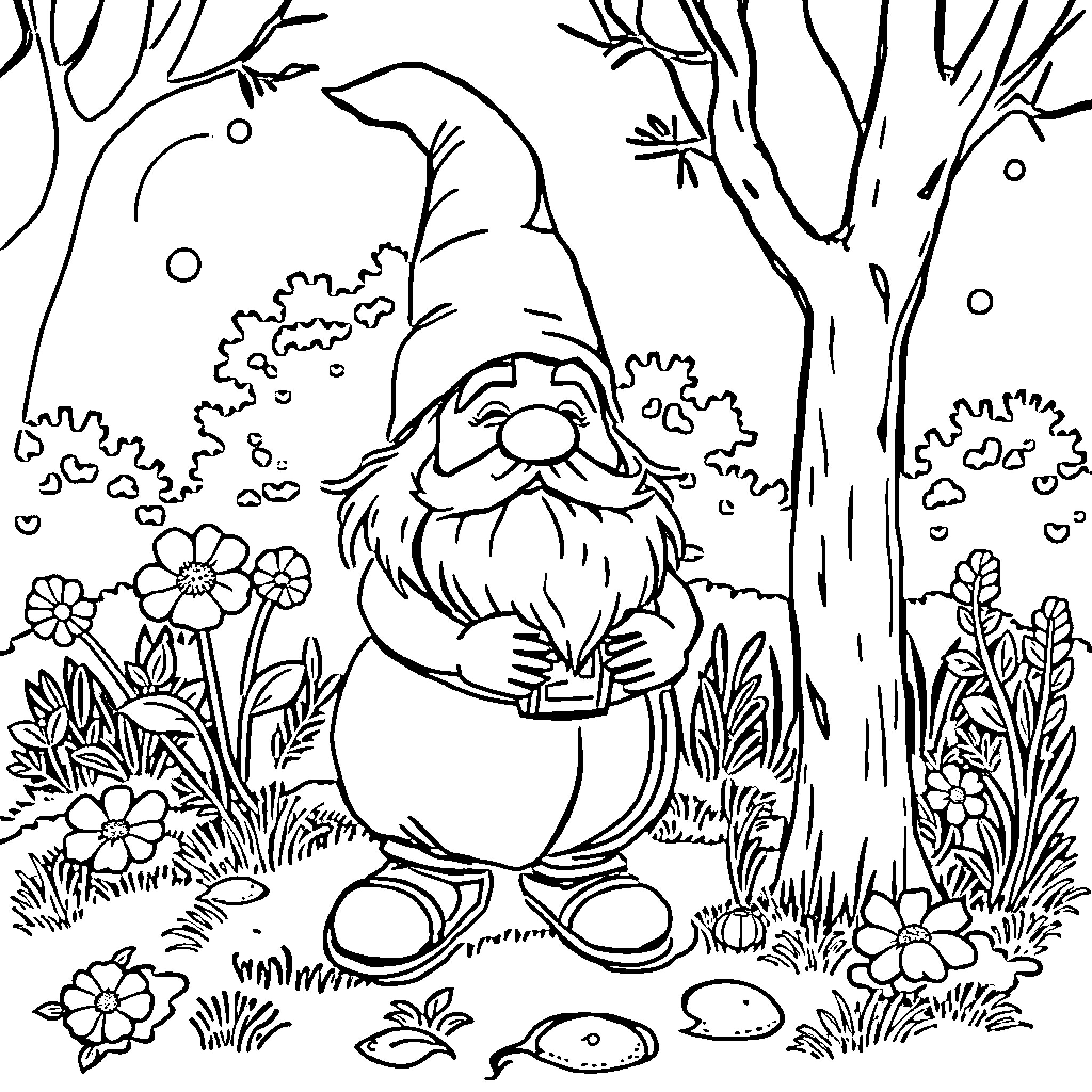 Gnome exploring the enchanted forest Coloring Page (free black-and-white line drawing printable PDF for all, from beginners to advanced learners, including children, teens, adults, and seniors)