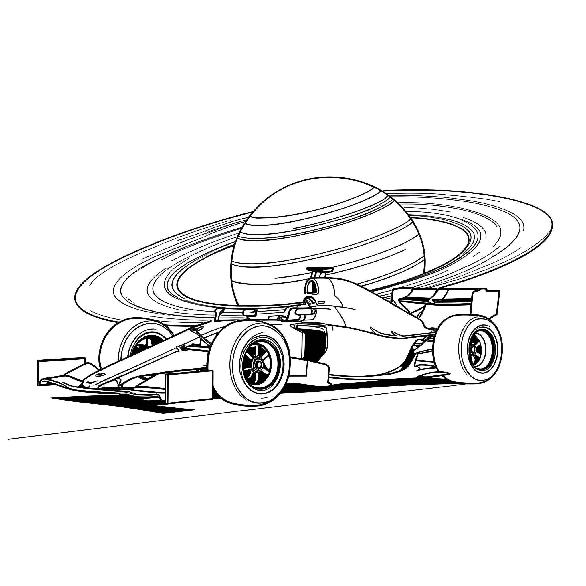 Formula One Car racing through the rings of Saturn Coloring Page (free black-and-white line drawing printable PDF for all, from beginners to advanced learners, including children, teens, adults, and seniors)