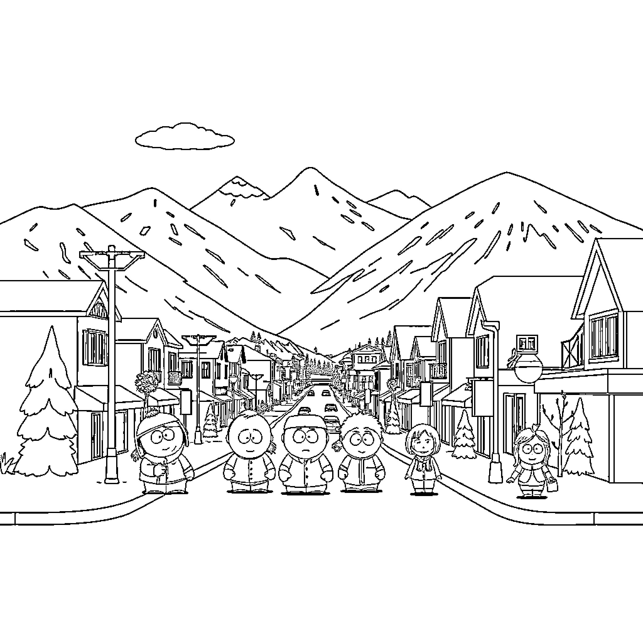 South Park characters exploring a snowy mountain town Coloring Page (free black-and-white line drawing printable PDF for all, from beginners to advanced learners, including children, teens, adults, and seniors)