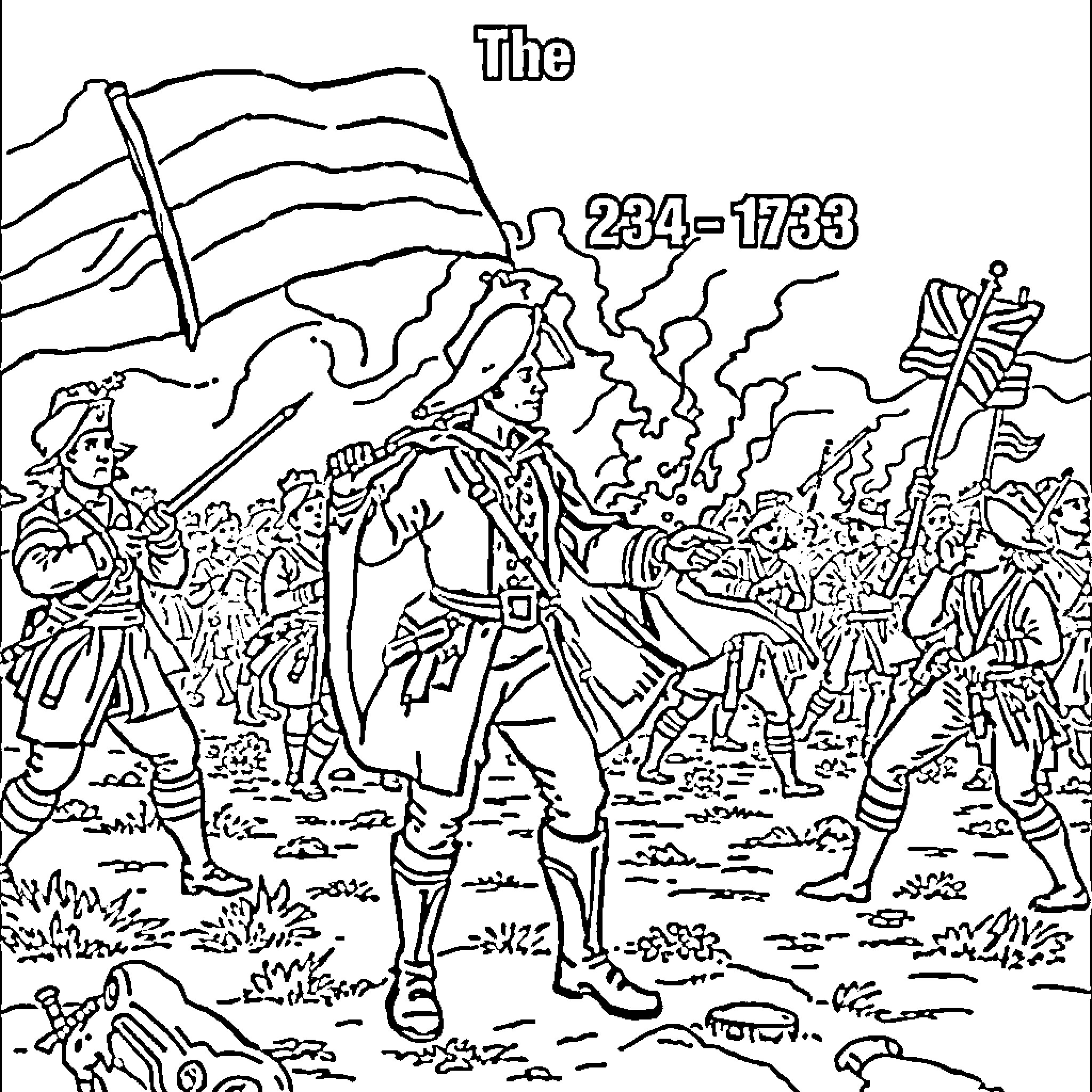 Revolutionary War Soldiers in Battle Scene Coloring Page (free black-and-white line drawing printable PDF for all, from beginners to advanced learners, including children, teens, adults, and seniors)