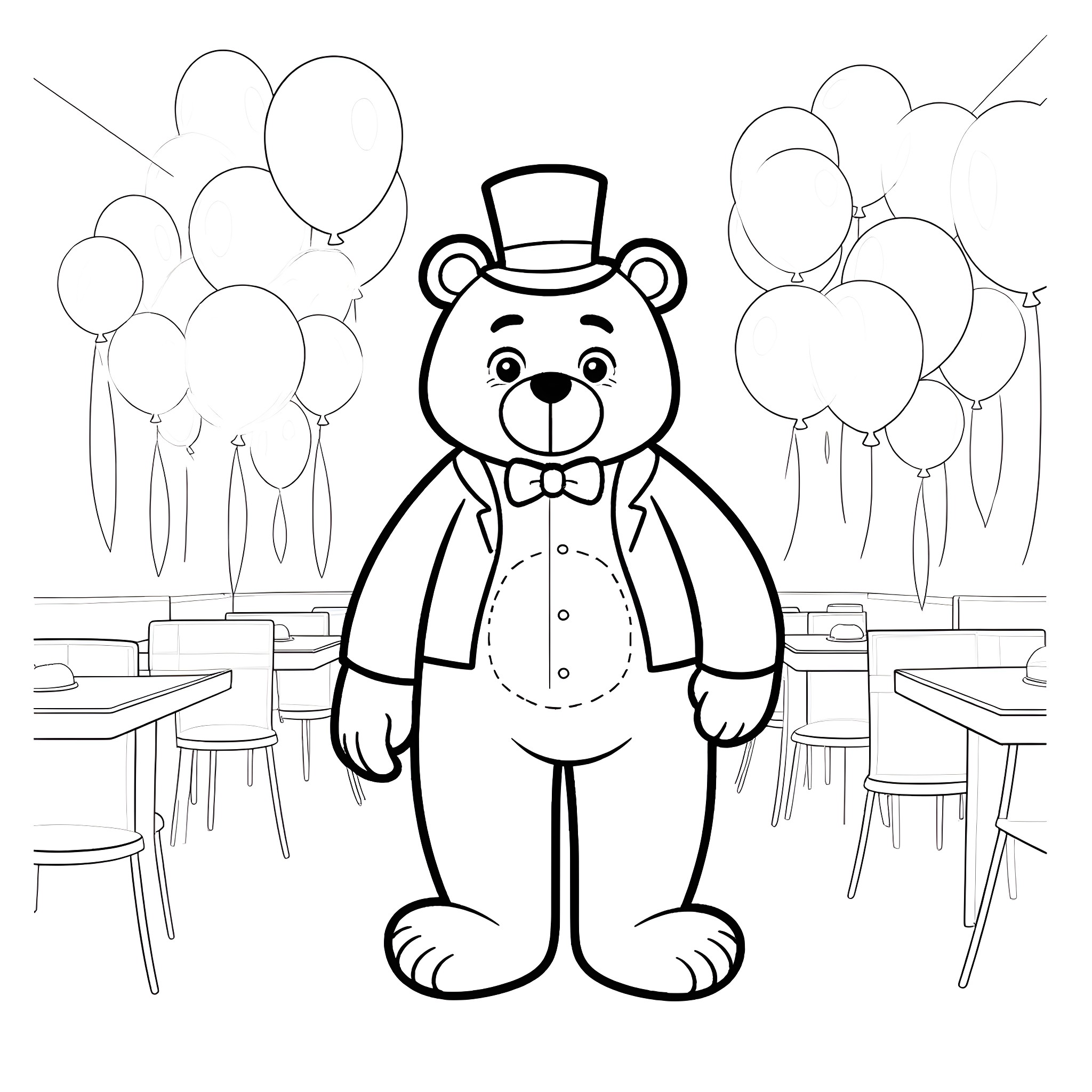 Freddy Fazbear in a formal outfit at a party Coloring Page (free black-and-white line drawing printable PDF for all, from beginners to advanced learners, including children, teens, adults, and seniors)