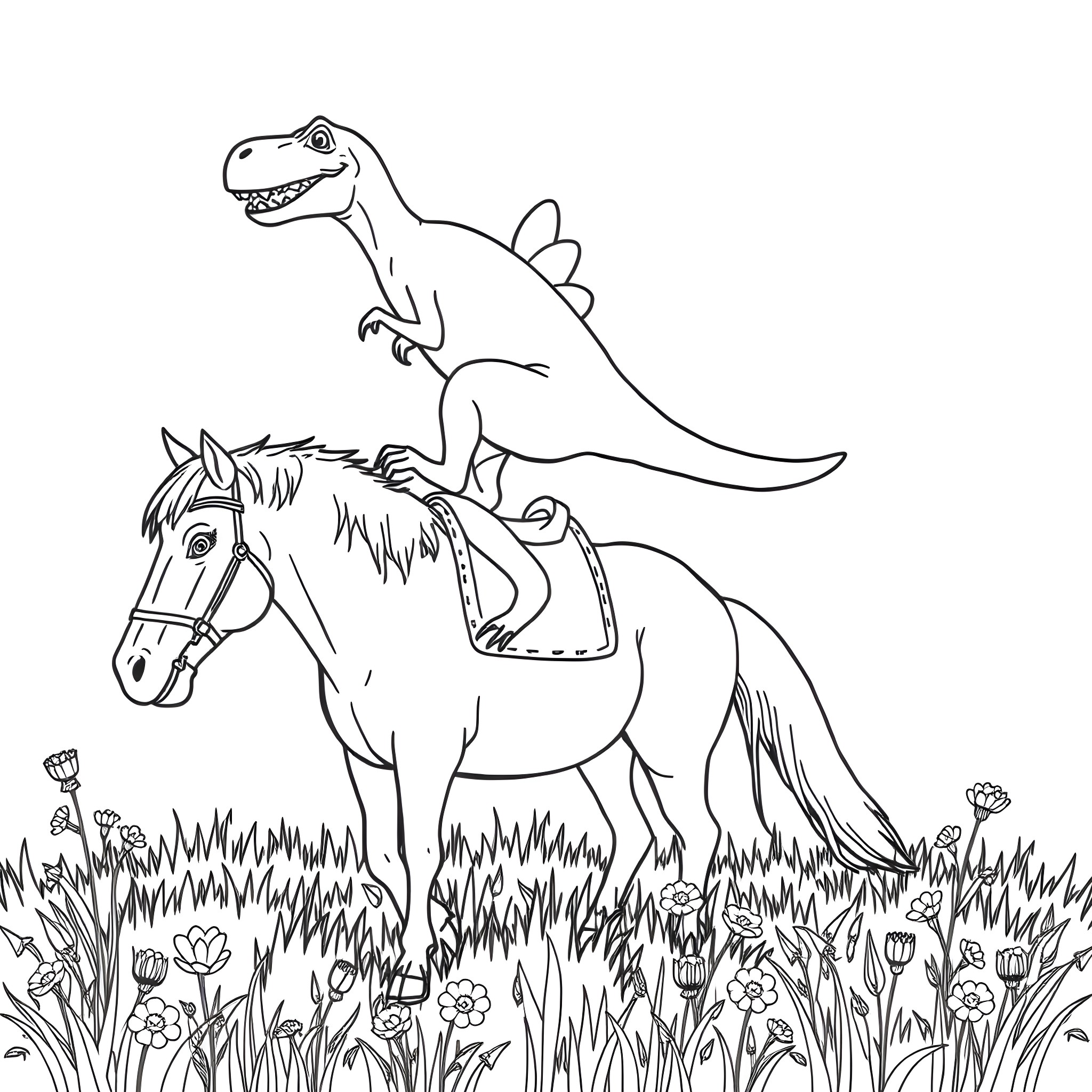 Dinosaur rides horse in grassy field Coloring Page (free black-and-white line drawing printable PDF for all, from beginners to advanced learners, including children, teens, adults, and seniors)