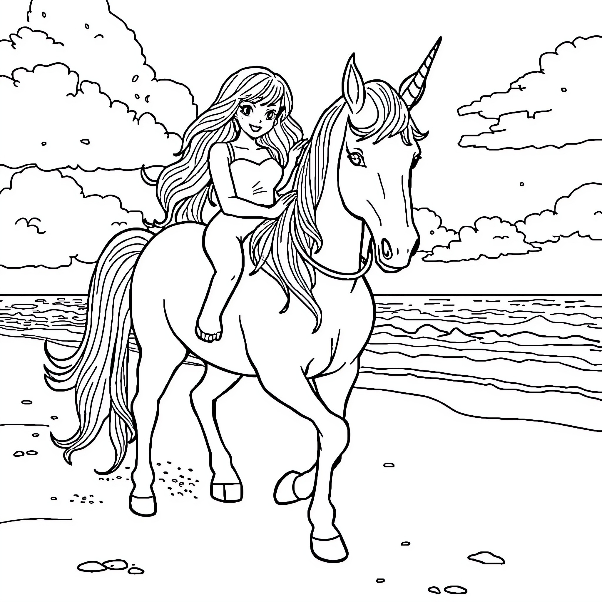 Belle riding a unicorn on the beach Coloring Page (free black-and-white line drawing printable PDF for all, from beginners to advanced learners, including children, teens, adults, and seniors)
