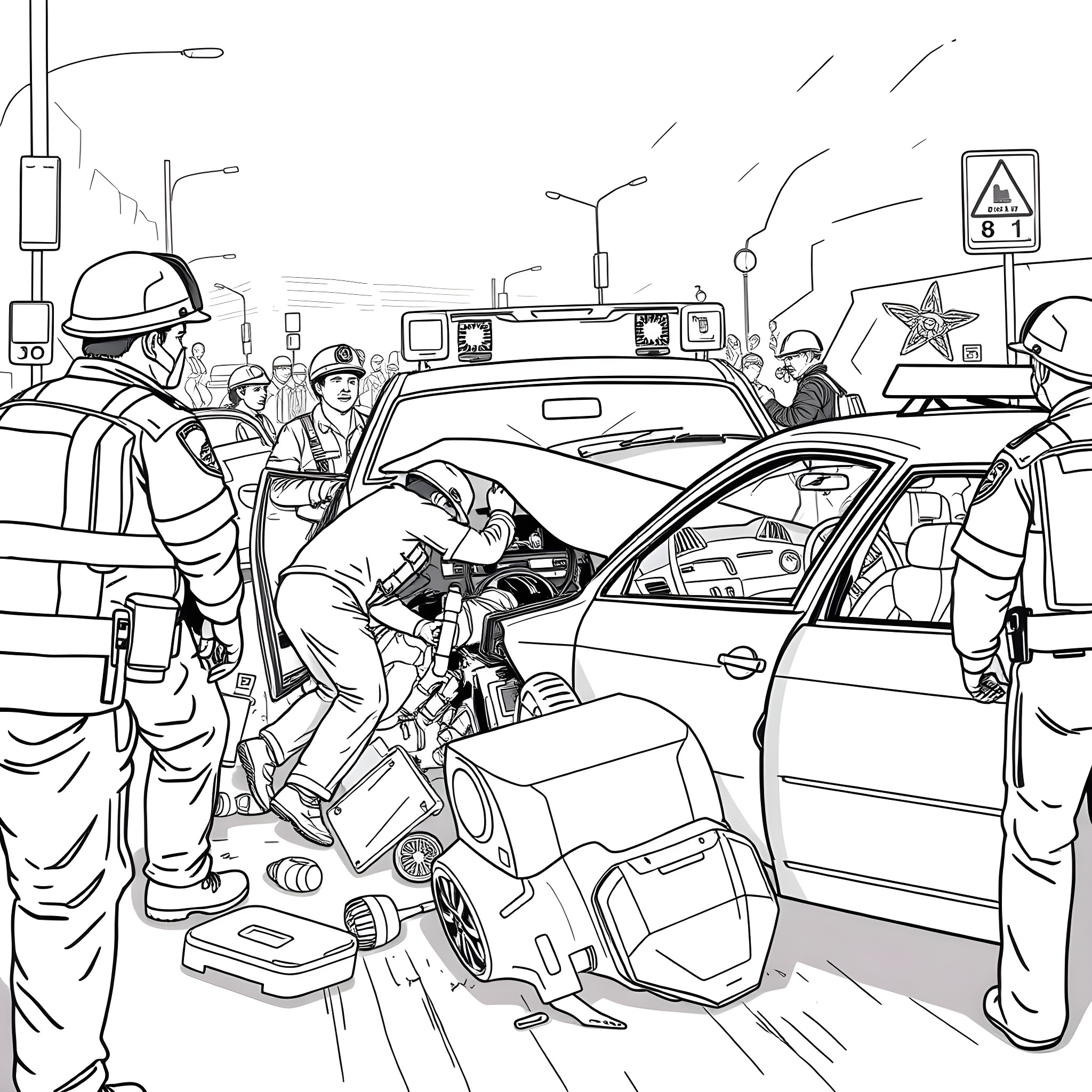 Car accident scene with emergency responders Coloring Page (free black-and-white line drawing printable PDF for all, from beginners to advanced learners, including children, teens, adults, and seniors)