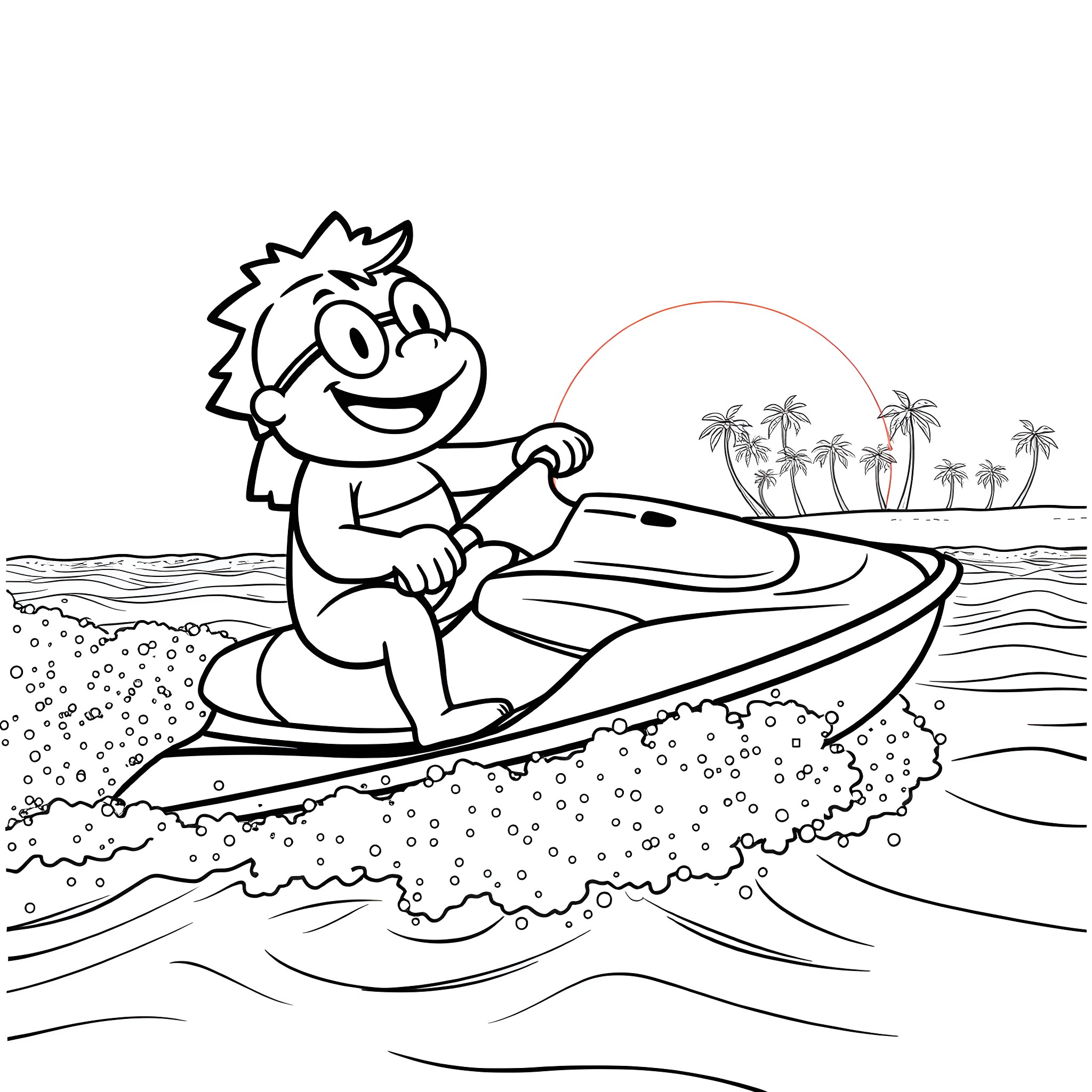 Grogu riding a jet ski on the beach Coloring Page (free black-and-white line drawing printable PDF for all, from beginners to advanced learners, including children, teens, adults, and seniors)