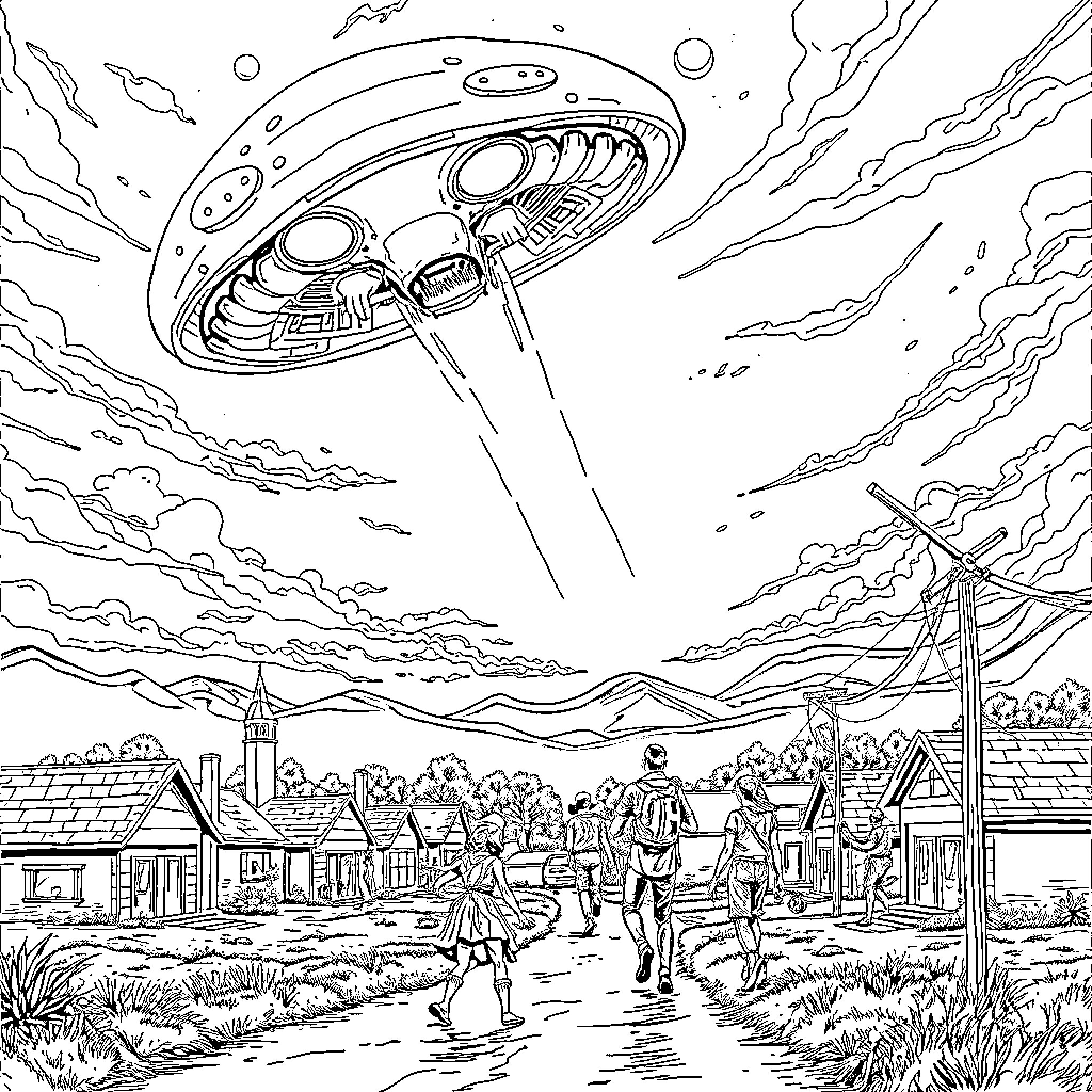 Alien Spacecraft Hovering Over Rural Countryside Coloring Page (free black-and-white line drawing printable PDF for all, from beginners to advanced learners, including children, teens, adults, and seniors)