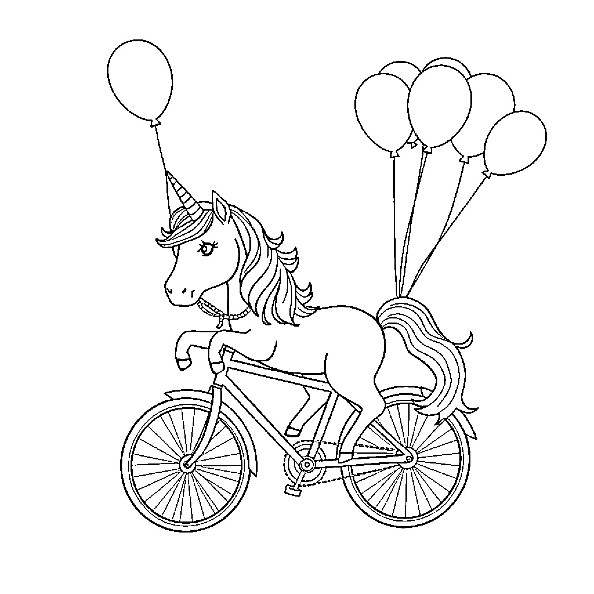Unicorn riding bicycle with balloons Coloring Page (free black-and-white line drawing printable PDF for all, from beginners to advanced learners, including children, teens, adults, and seniors)