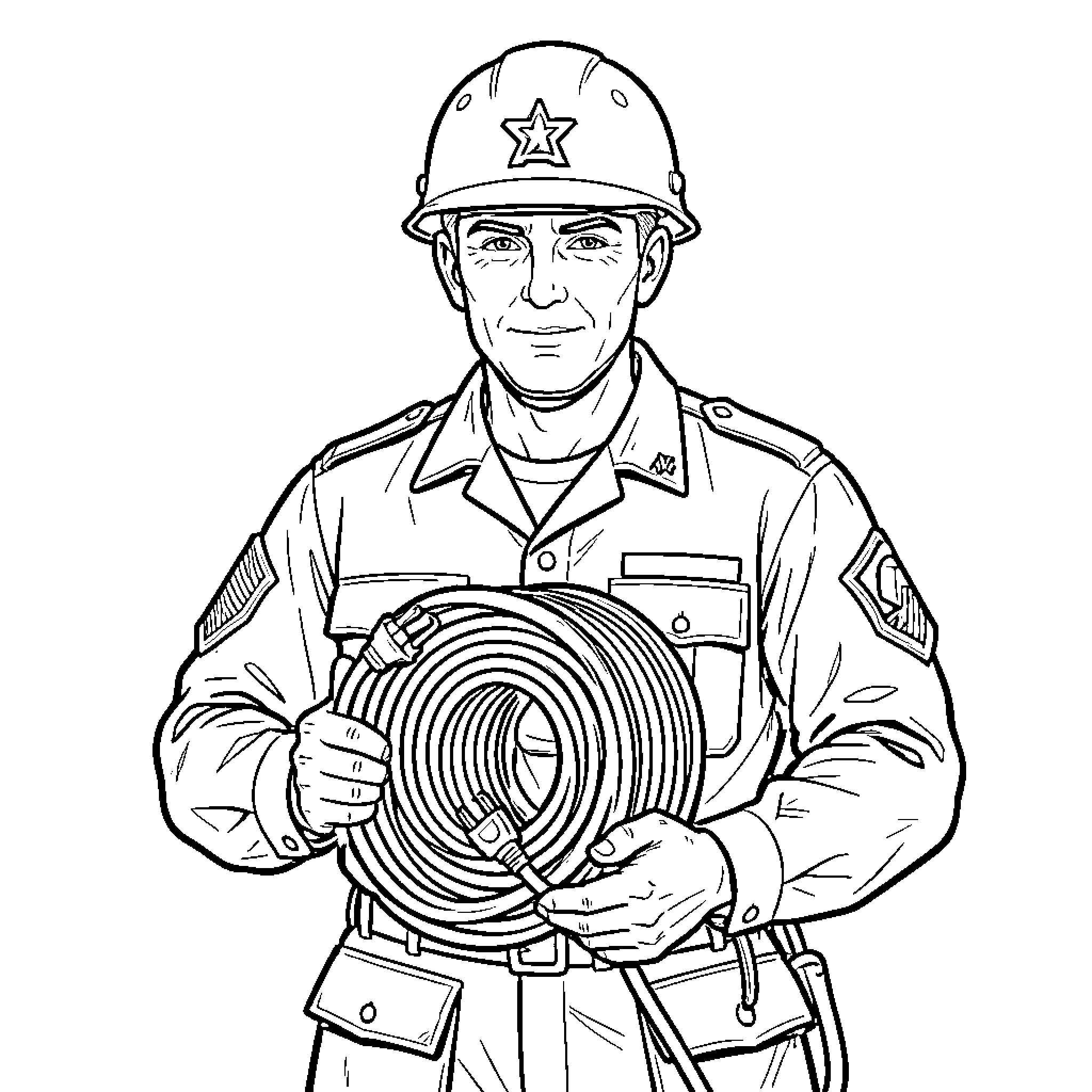 Soldier holding a coiled heavy duty cable Coloring Page (free black-and-white line drawing printable PDF for all, from beginners to advanced learners, including children, teens, adults, and seniors)