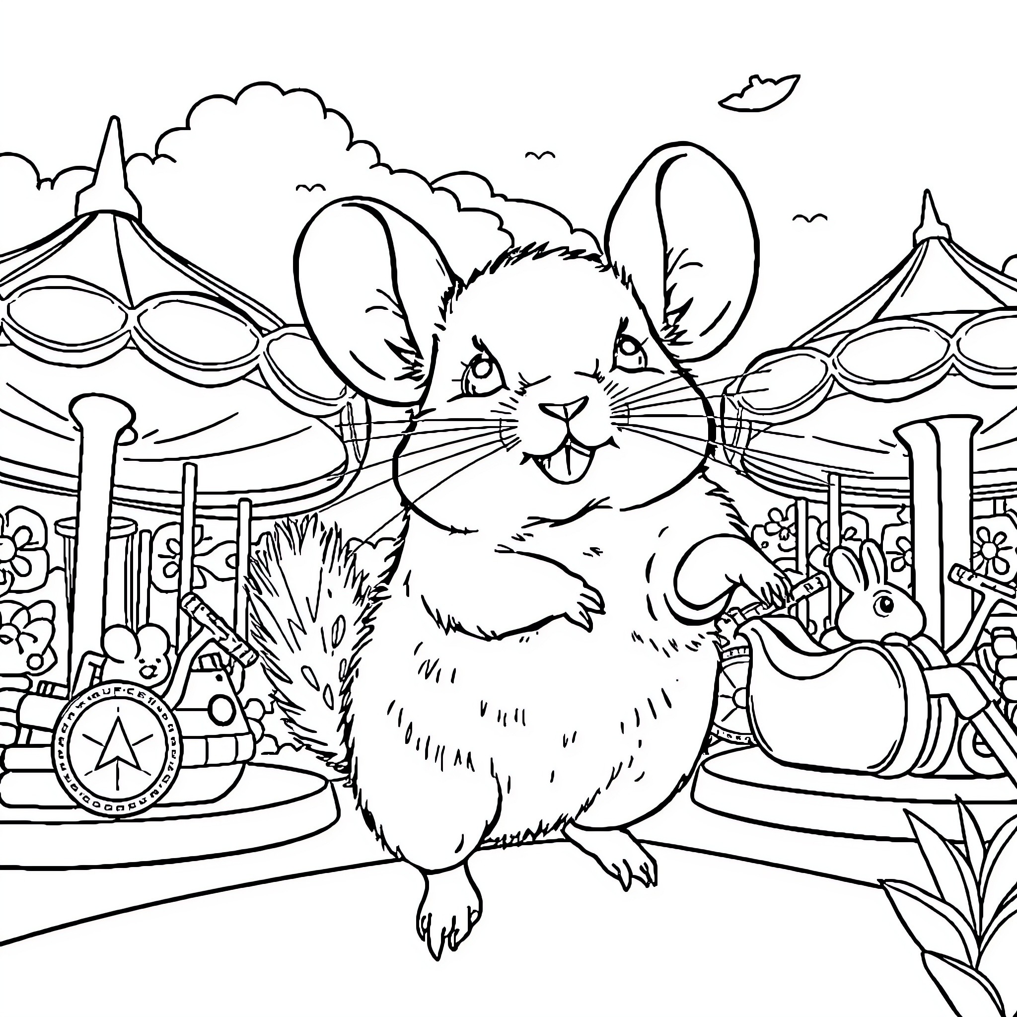 Chinchilla Enjoying the Carnival Festivities Coloring Page (free black-and-white line drawing printable PDF for all, from beginners to advanced learners, including children, teens, adults, and seniors)