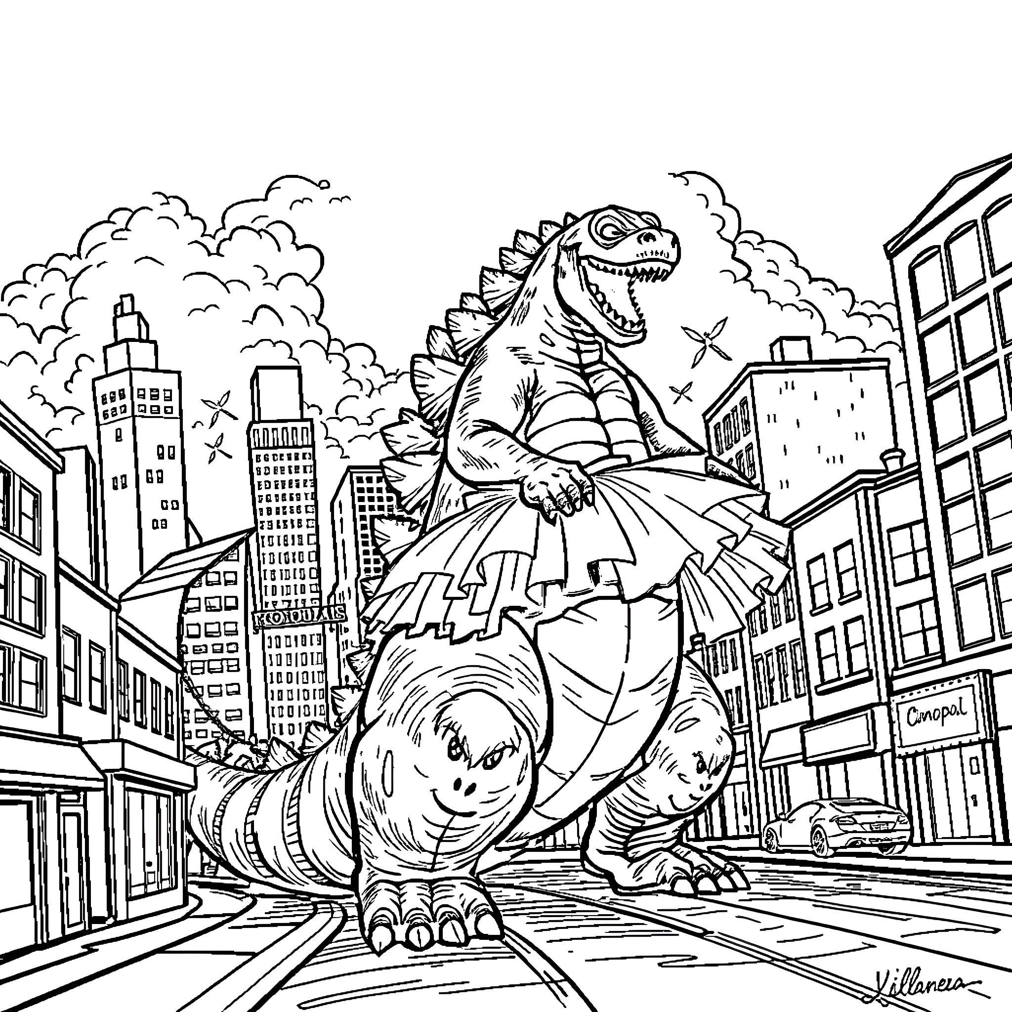 Godzilla rampaging through the city streets Coloring Page (free black-and-white line drawing printable PDF for all, from beginners to advanced learners, including children, teens, adults, and seniors)