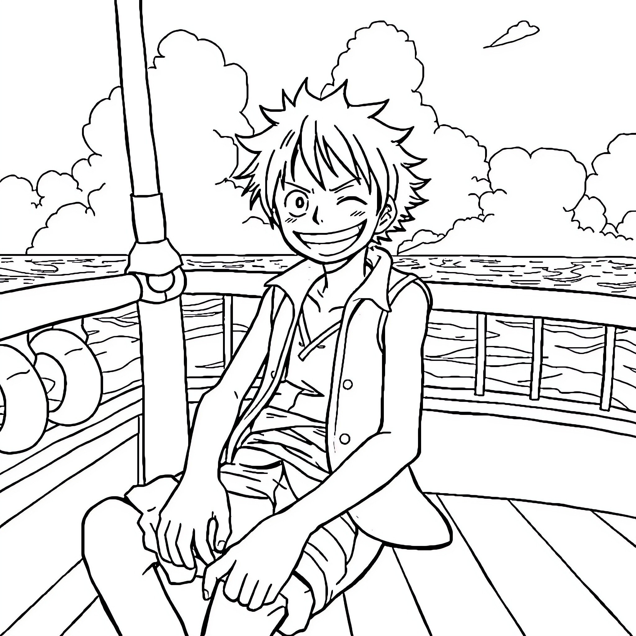 Luffy's Adventurous Spirit on the High Seas Coloring Page (free black-and-white line drawing printable PDF for all, from beginners to advanced learners, including children, teens, adults, and seniors)