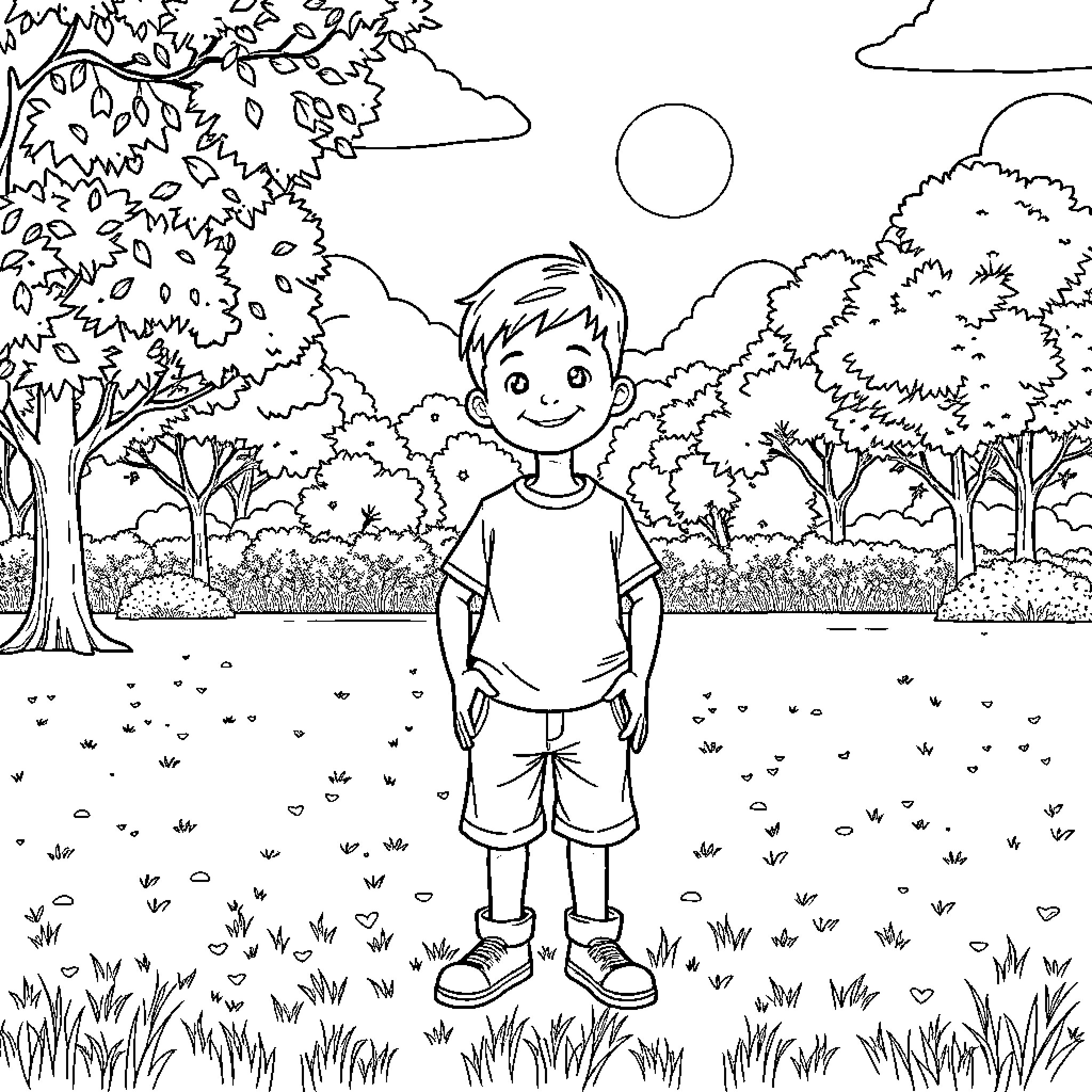 Boy exploring the tranquil forest landscape Coloring Page (free black-and-white line drawing printable PDF for all, from beginners to advanced learners, including children, teens, adults, and seniors)