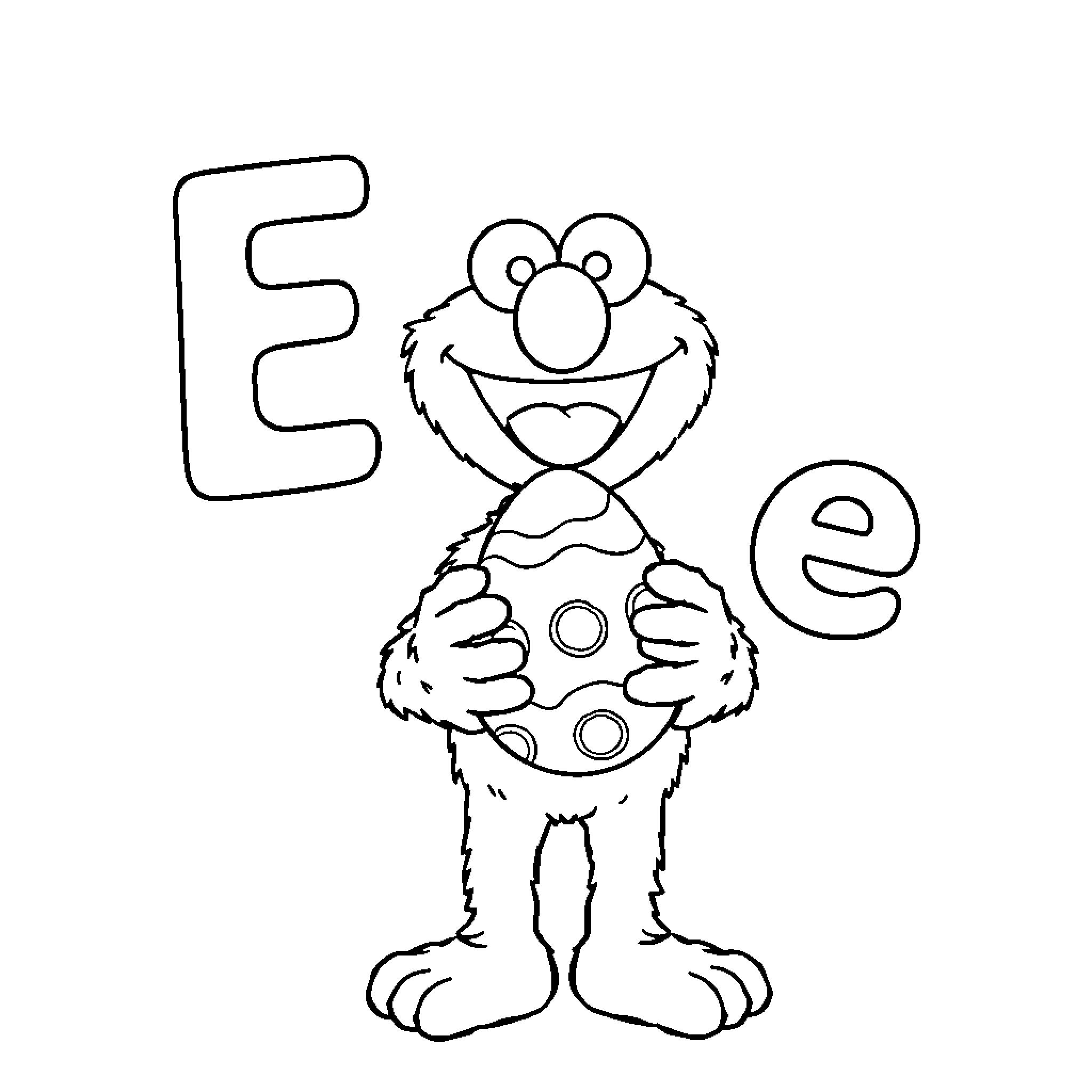 Elmo playing with large letter E Coloring Page (free black-and-white line drawing printable PDF for all, from beginners to advanced learners, including children, teens, adults, and seniors)