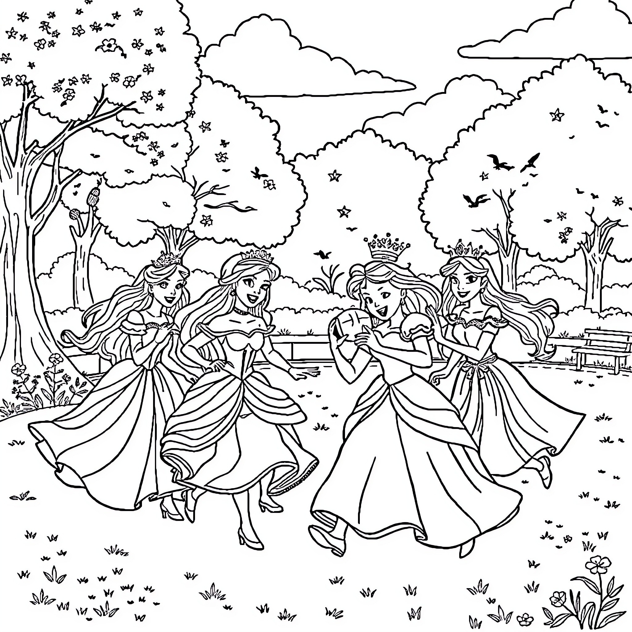 Princess Celebration in Enchanted Forest Coloring Page (free black-and-white line drawing printable PDF for all, from beginners to advanced learners, including children, teens, adults, and seniors)