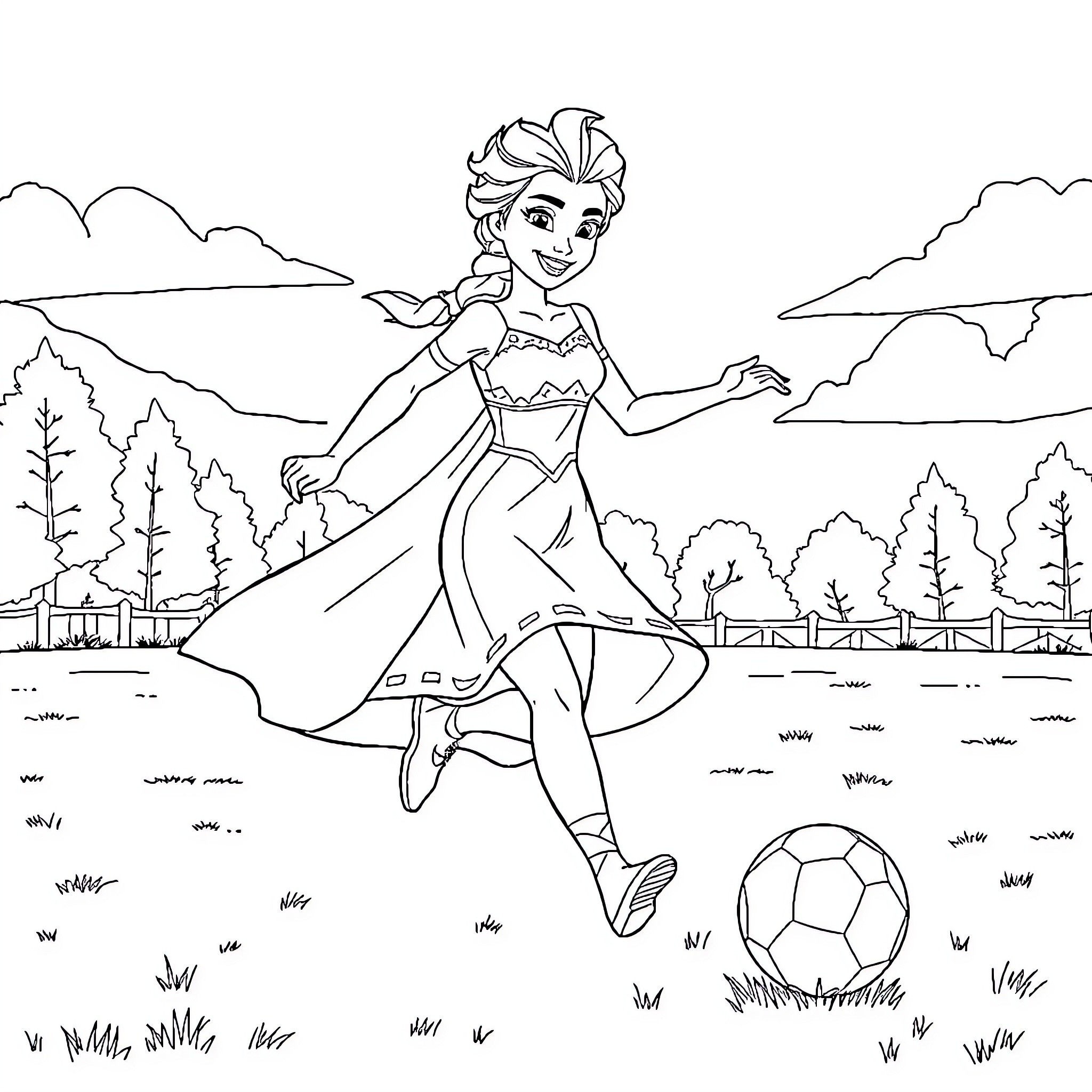 Elsa playing joyfully with a soccer ball in nature Coloring Page (free black-and-white line drawing printable PDF for all, from beginners to advanced learners, including children, teens, adults, and seniors)