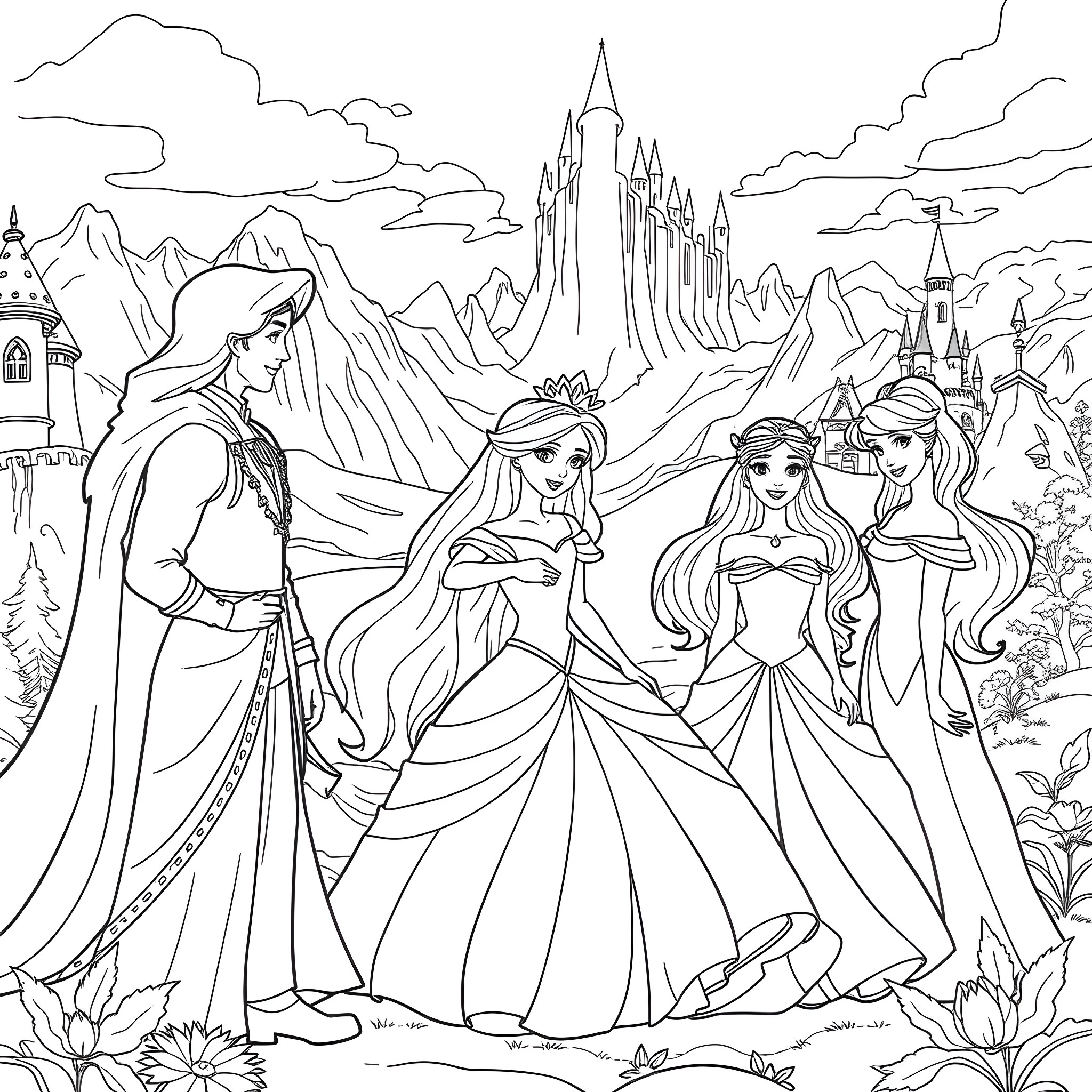 Disney Princess in a Magical Fantasy Landscape Coloring Page (free black-and-white line drawing printable PDF for all, from beginners to advanced learners, including children, teens, adults, and seniors)