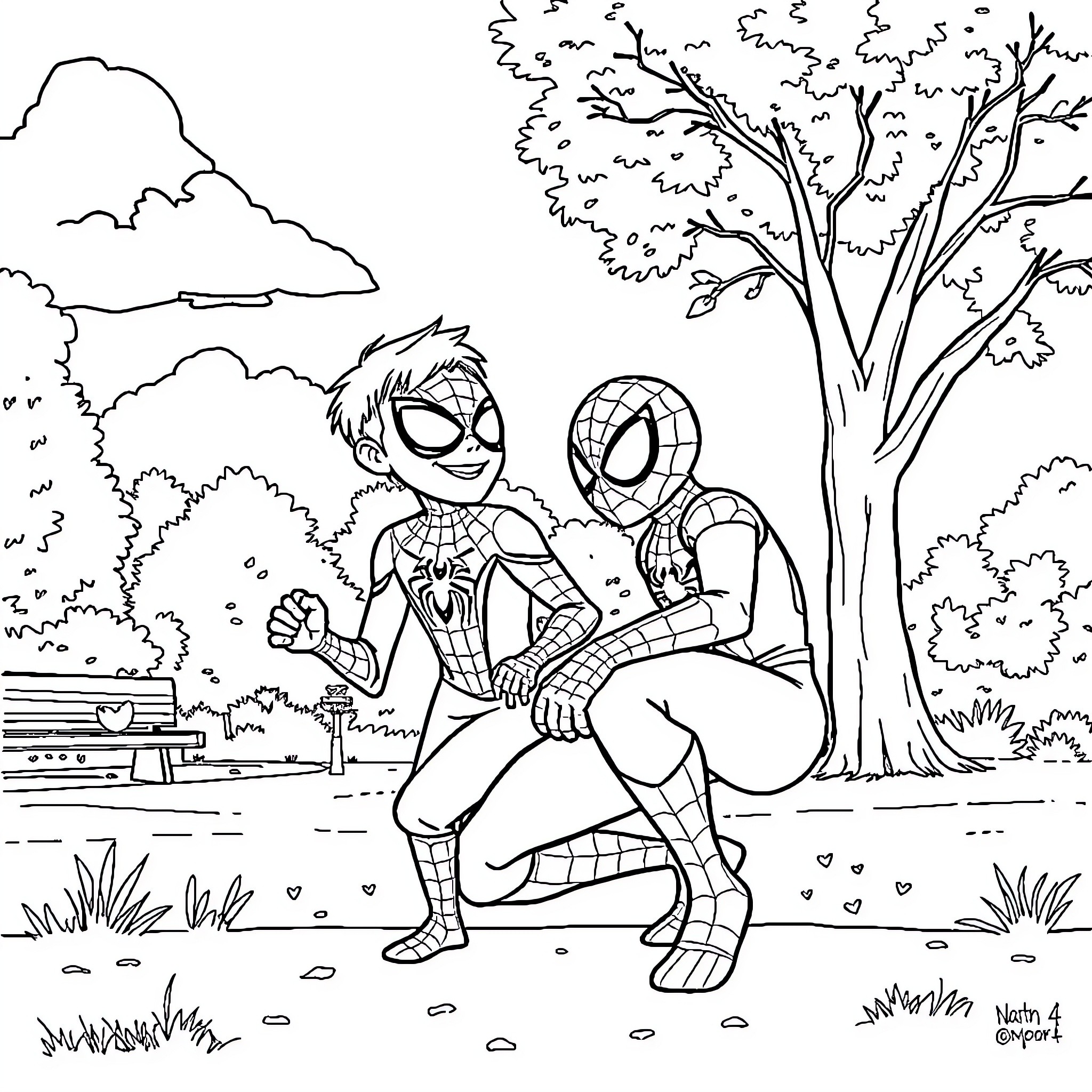 Spider-Man and Spider-Man enjoy outdoor adventure Coloring Page (free black-and-white line drawing printable PDF for all, from beginners to advanced learners, including children, teens, adults, and seniors)