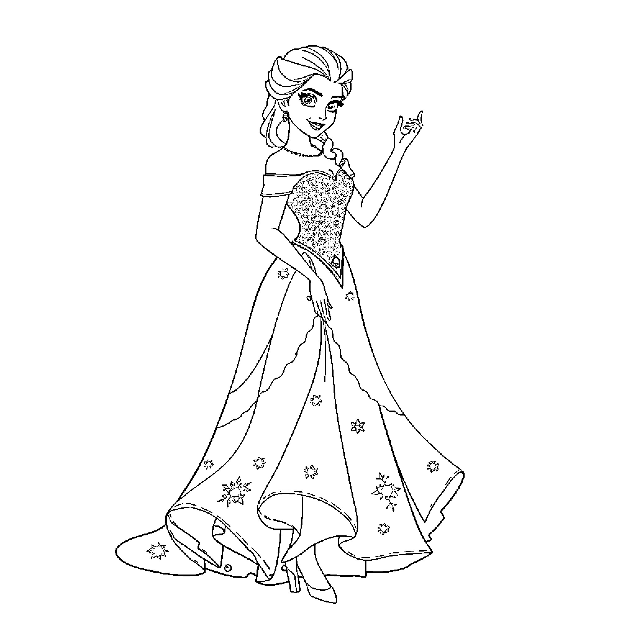 Elsa's Festive Celebration Coloring Page (free black-and-white line drawing printable PDF for all, from beginners to advanced learners, including children, teens, adults, and seniors)