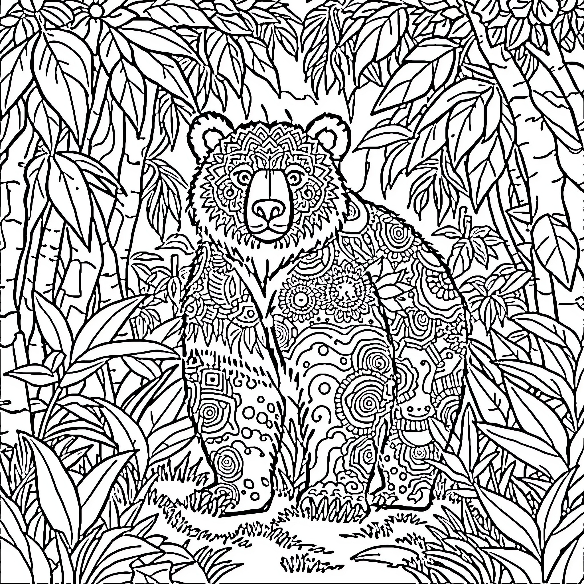 Bear sitting amidst intricate foliage Coloring Page (free black-and-white line drawing printable PDF for all, from beginners to advanced learners, including children, teens, adults, and seniors)