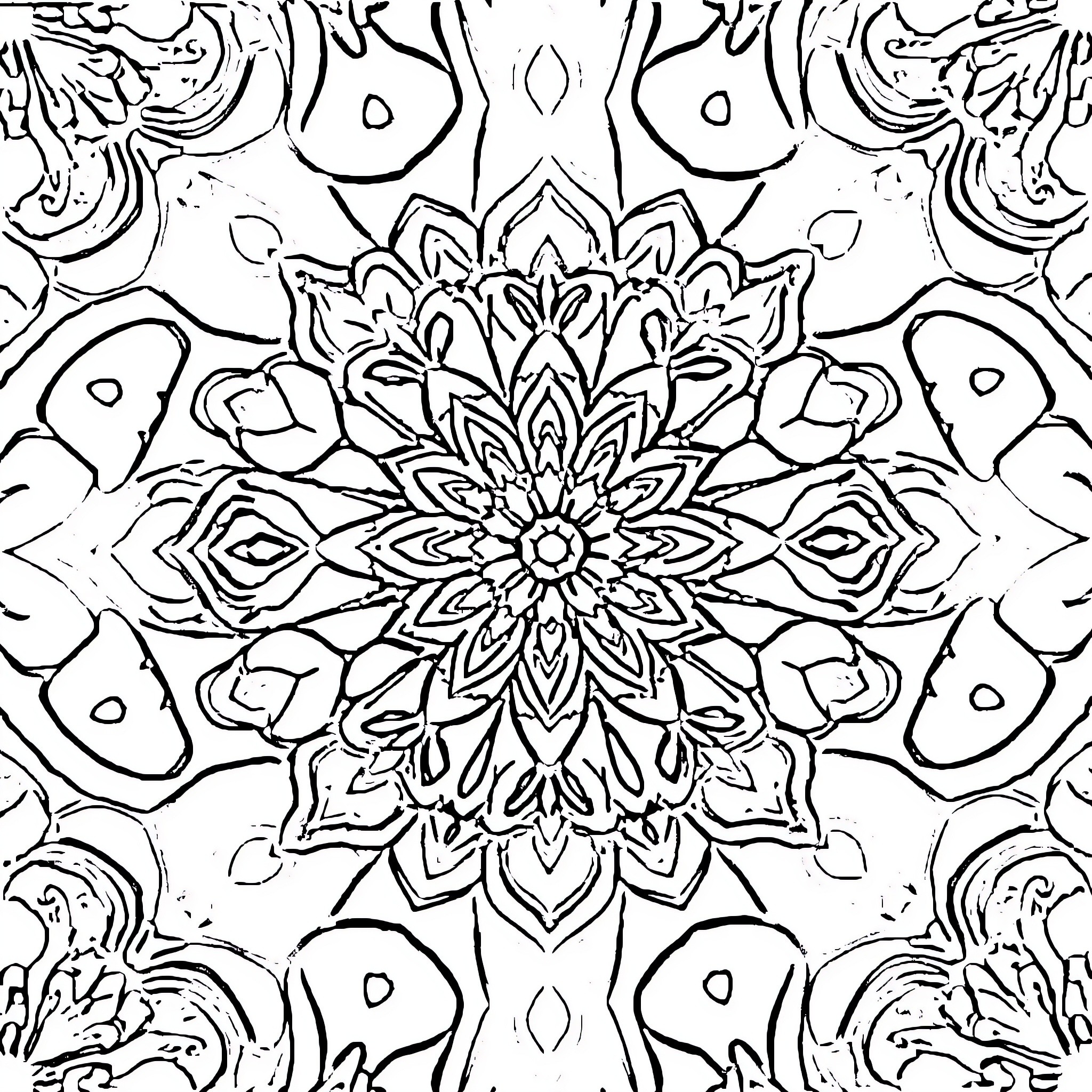 Pola Symmetrical Floral Mandala Pattern Coloring Page (free black-and-white line drawing printable PDF for all, from beginners to advanced learners, including children, teens, adults, and seniors)