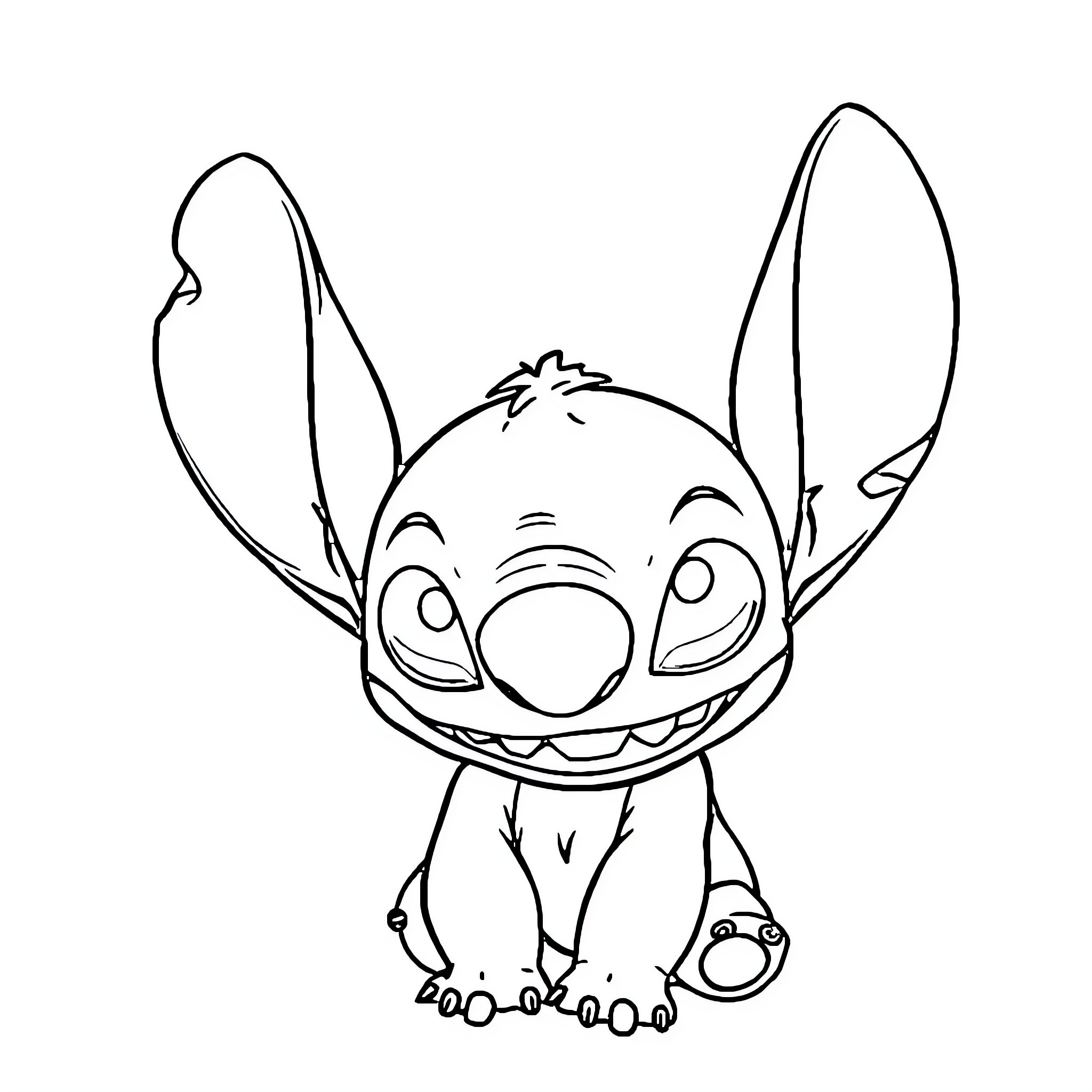 Stitch gleefully sitting with a mischievous expression Coloring Page (free black-and-white line drawing printable PDF for all, from beginners to advanced learners, including children, teens, adults, and seniors)