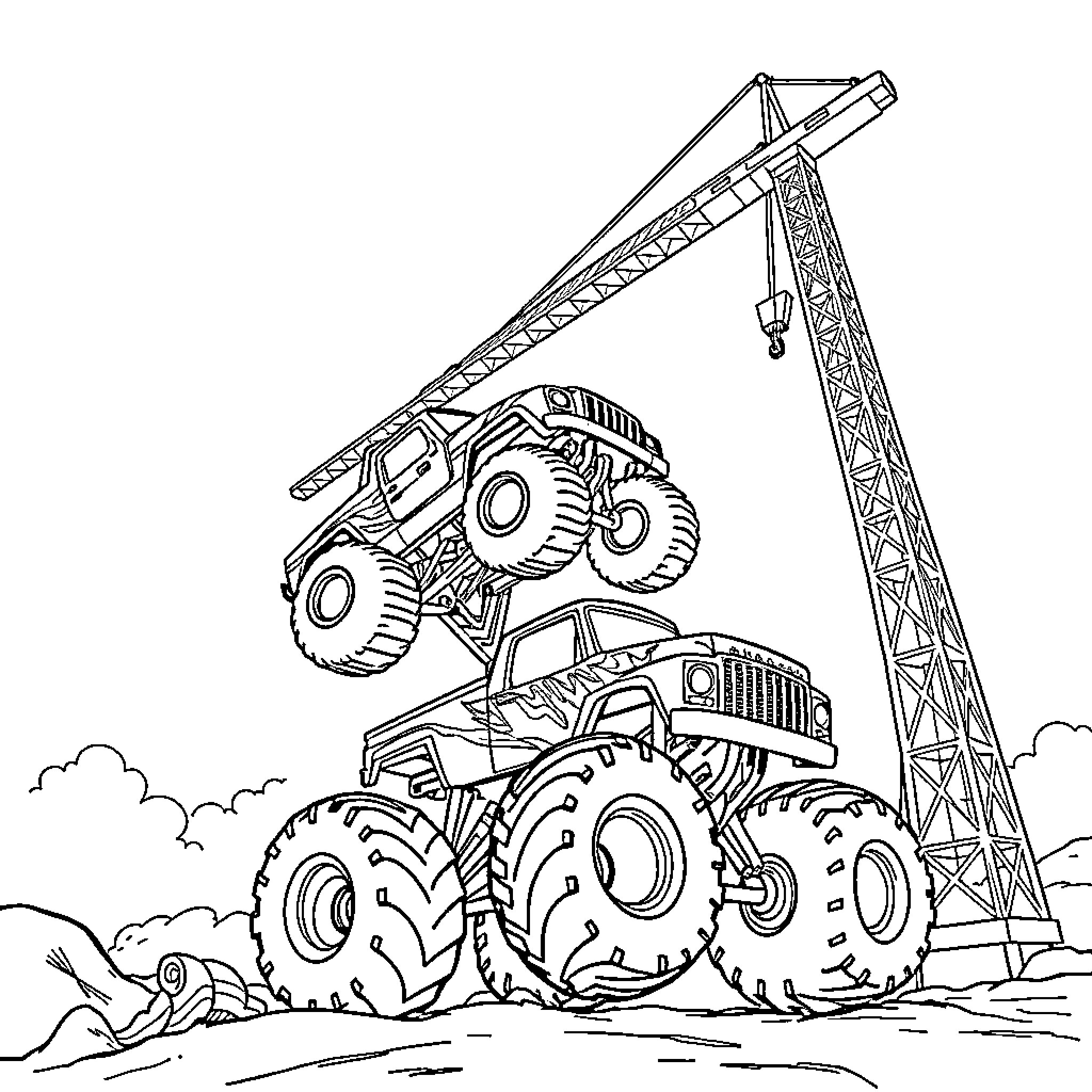 Monster Truck Crushing Obstacles with Crane Assistance Coloring Page (free black-and-white line drawing printable PDF for all, from beginners to advanced learners, including children, teens, adults, and seniors)