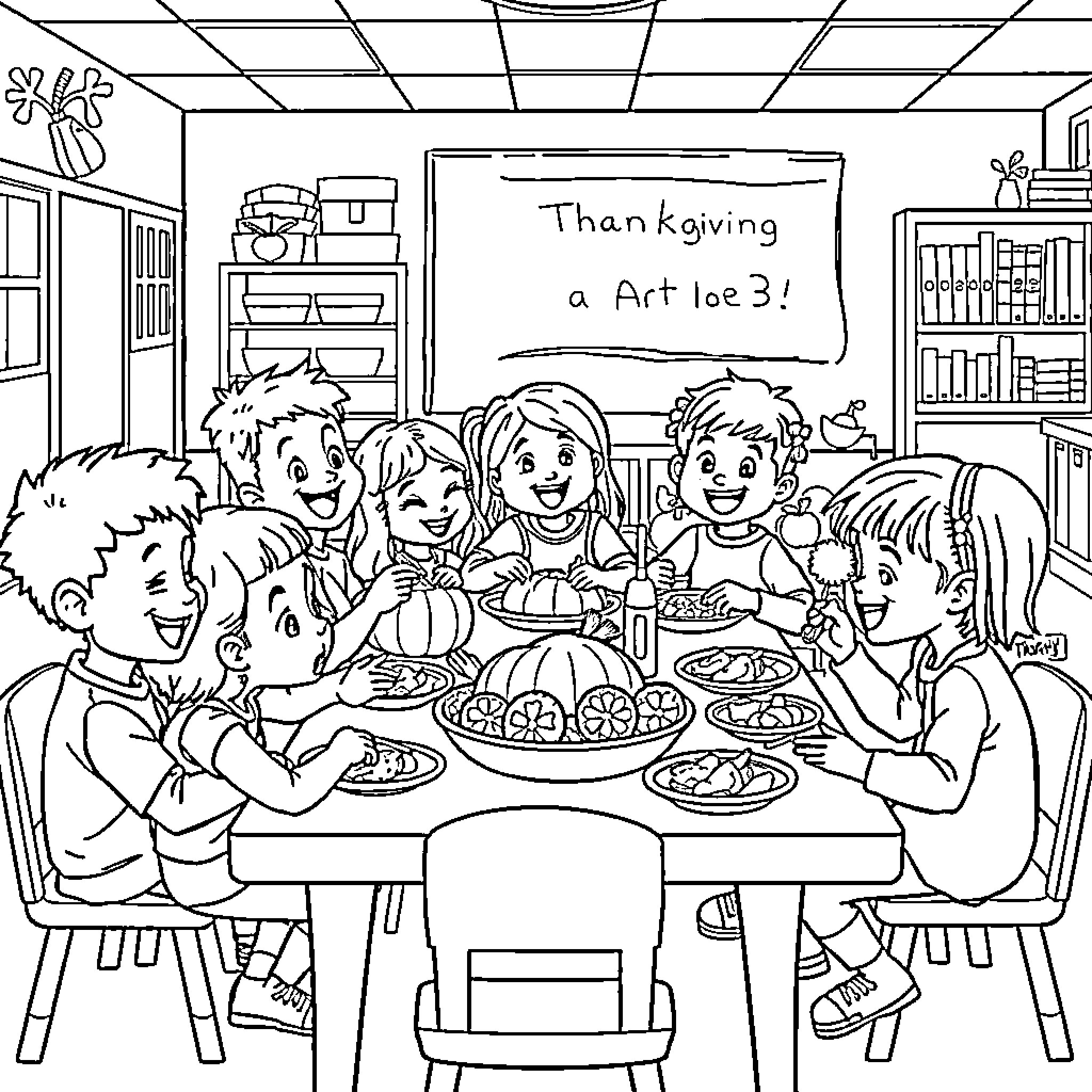 Children Enjoying Thanksgiving Dinner Together Coloring Page (free black-and-white line drawing printable PDF for all, from beginners to advanced learners, including children, teens, adults, and seniors)