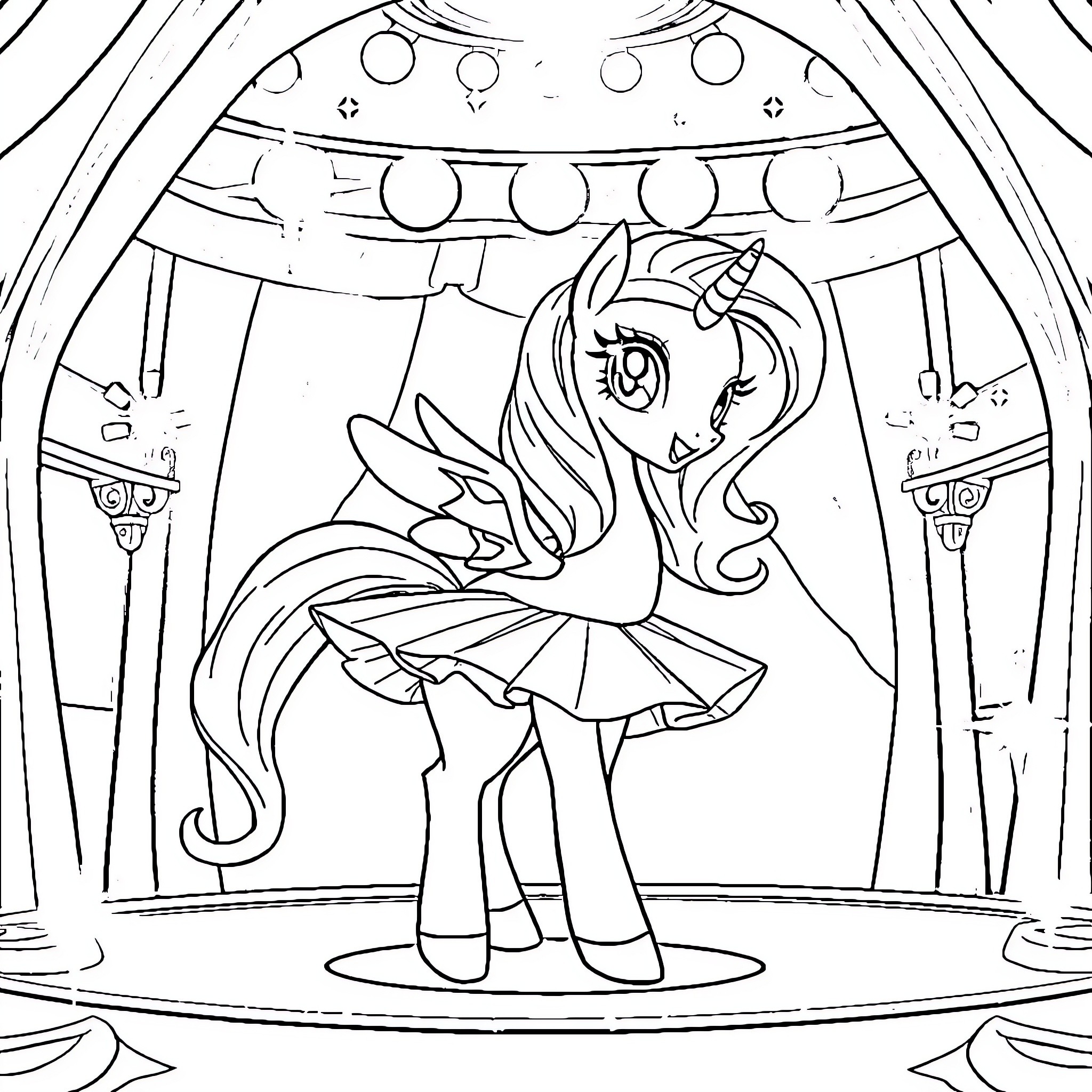 My Little Pony Performing on Stage Coloring Page (free black-and-white line drawing printable PDF for all, from beginners to advanced learners, including children, teens, adults, and seniors)