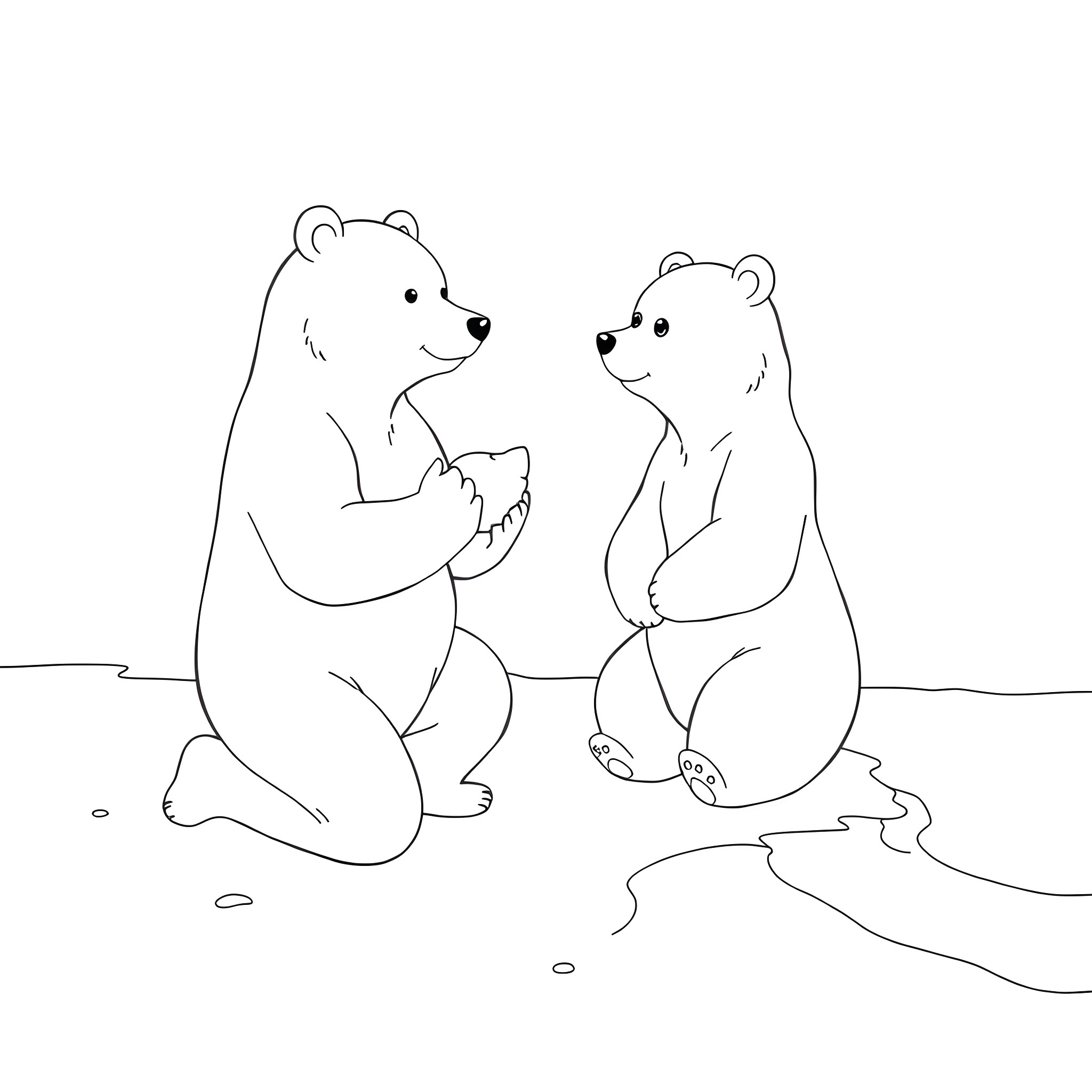 Bear friends playing together in the snow Coloring Page (free black-and-white line drawing printable PDF for all, from beginners to advanced learners, including children, teens, adults, and seniors)