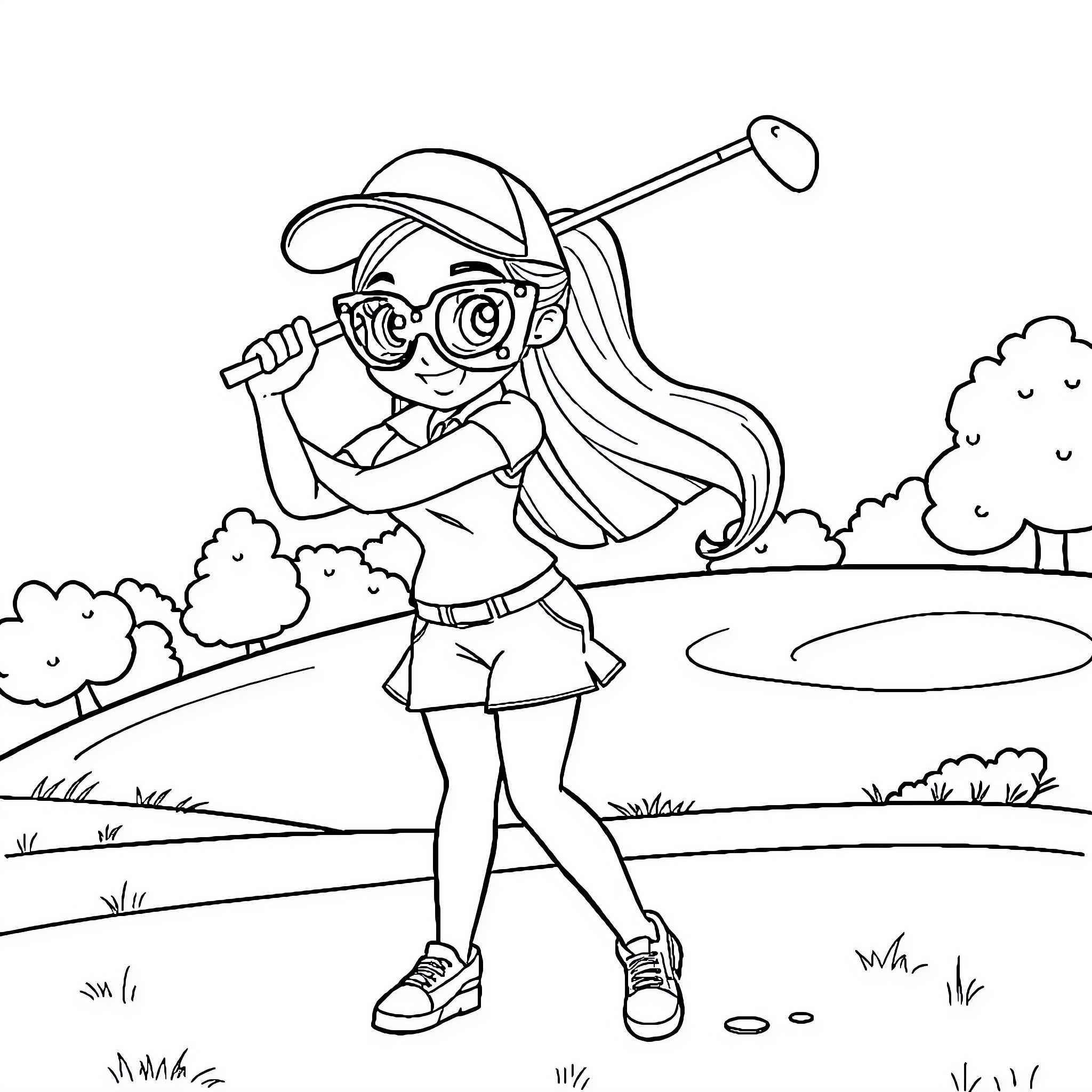 Kim Possible playing golf in the park Coloring Page (free black-and-white line drawing printable PDF for all, from beginners to advanced learners, including children, teens, adults, and seniors)